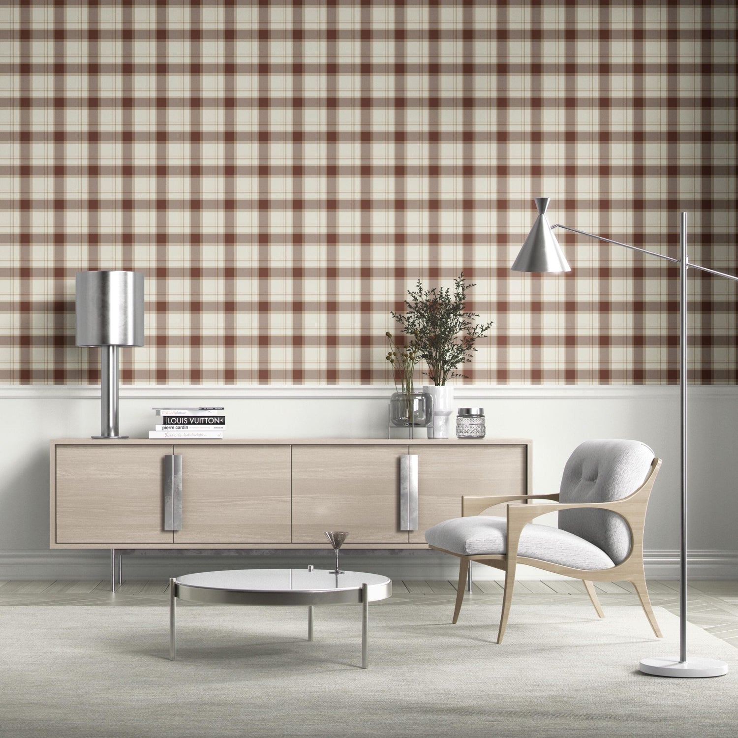Neutral Geometric Plaid Checkered Kitchen Wallpaper (Brown/ Off-White)