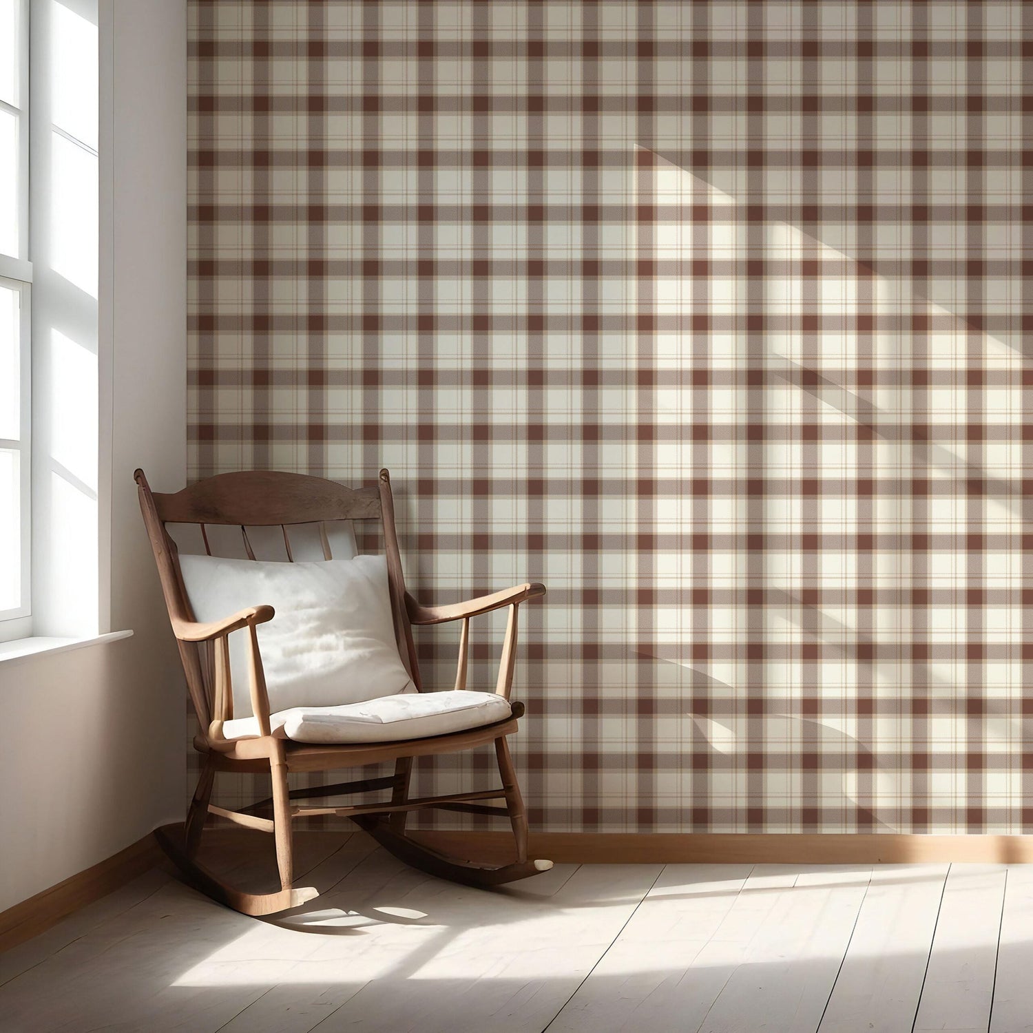 Neutral Geometric Plaid Checkered Nursery Wallpaper (Brown/ Off-White)