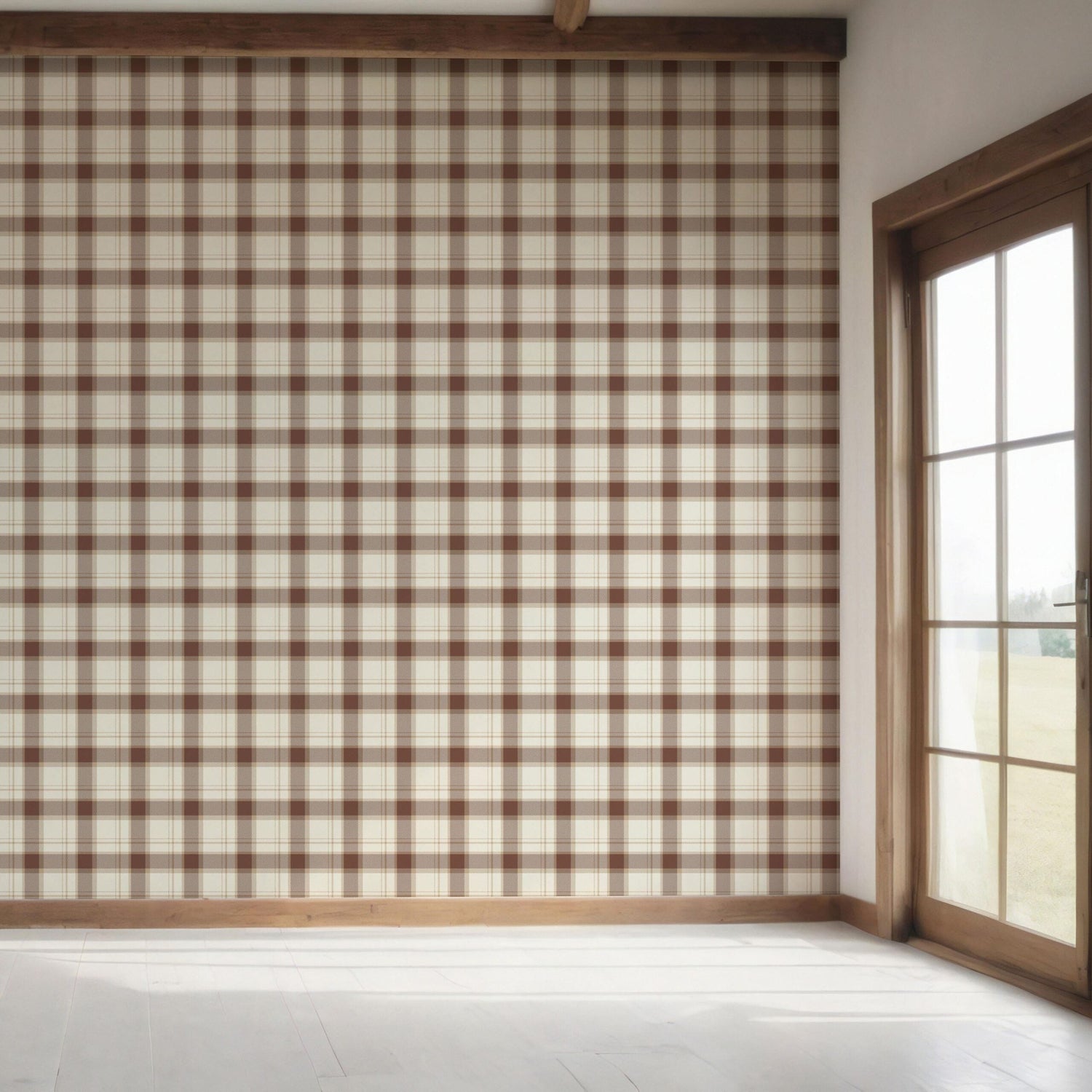 Neutral Geometric Plaid Checkered Bedroom Wallpaper (Brown/ Off-White)