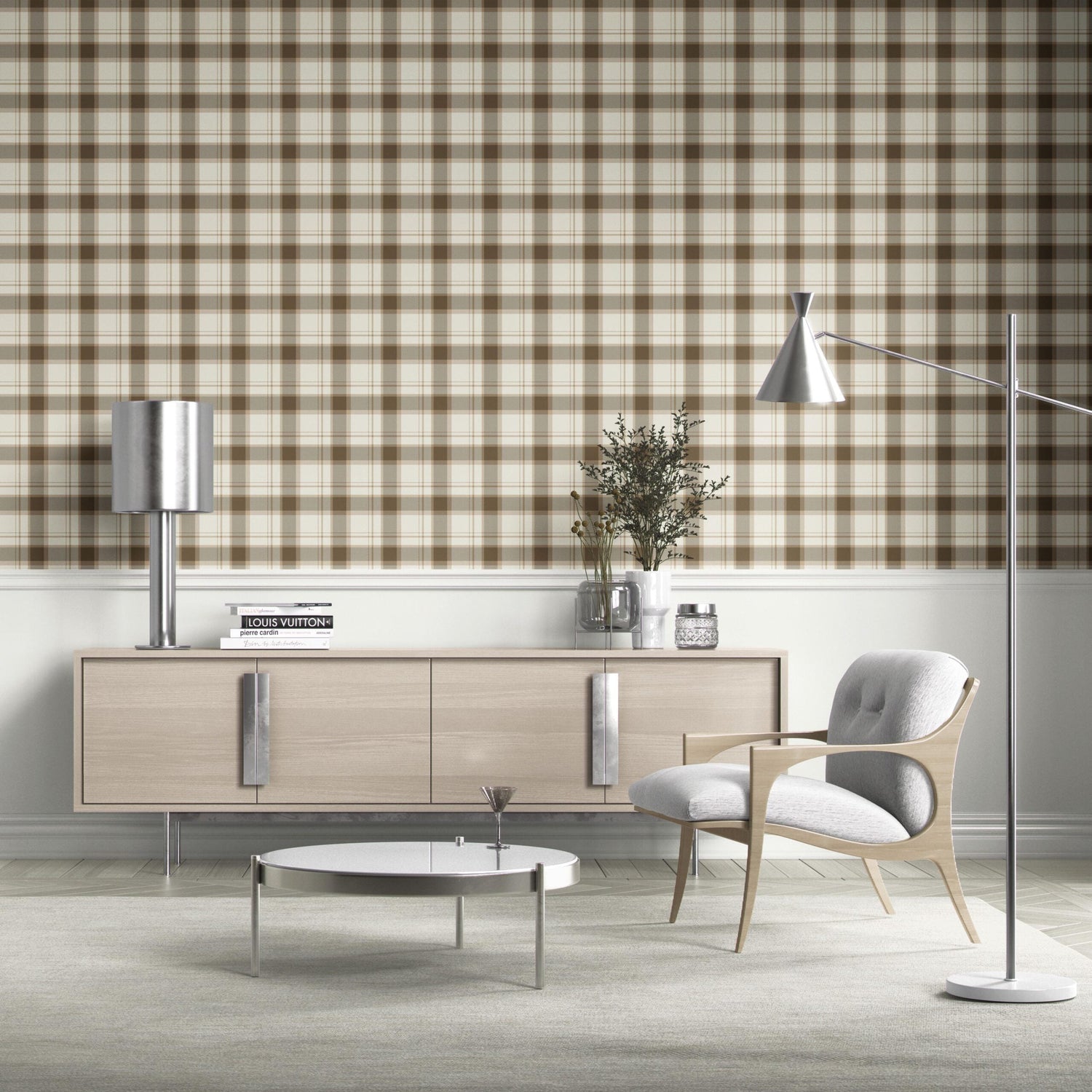 Neutral Geometric Plaid Checkered Kitchen Wallpaper (Mocha Brown/ Beige/ Off-White)