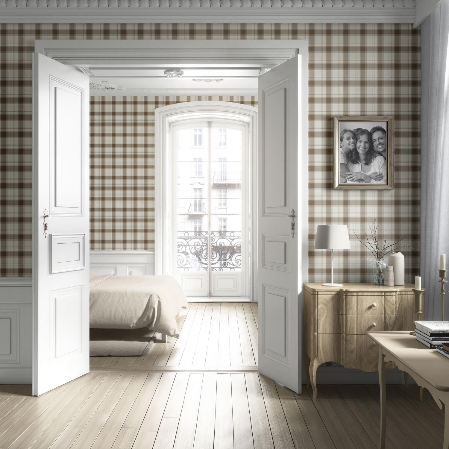 Neutral Geometric Plaid Checkered Living Room Wallpaper (Mocha Brown/ Beige/ Off-White)