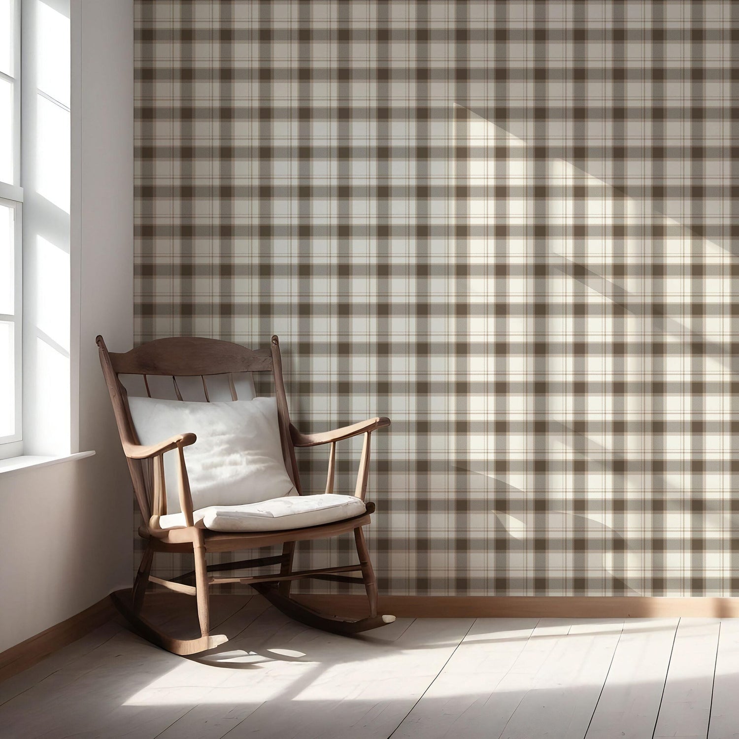 Neutral Geometric Plaid Checkered Nursery Wallpaper (Mocha Brown/ Beige/ Off-White)