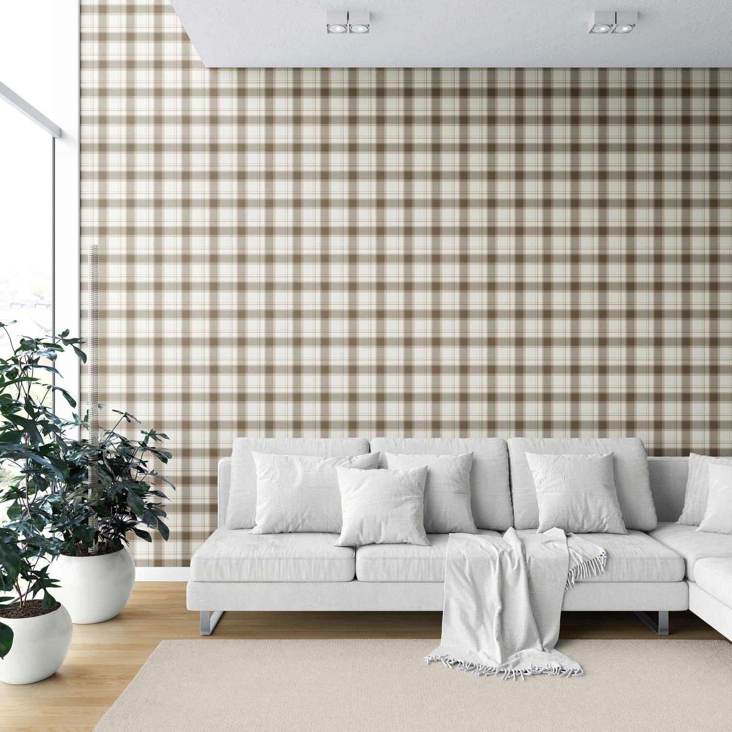 Neutral Geometric Plaid Checkered Shower Toilet Wallpaper (Mocha Brown/ Beige/ Off-White)