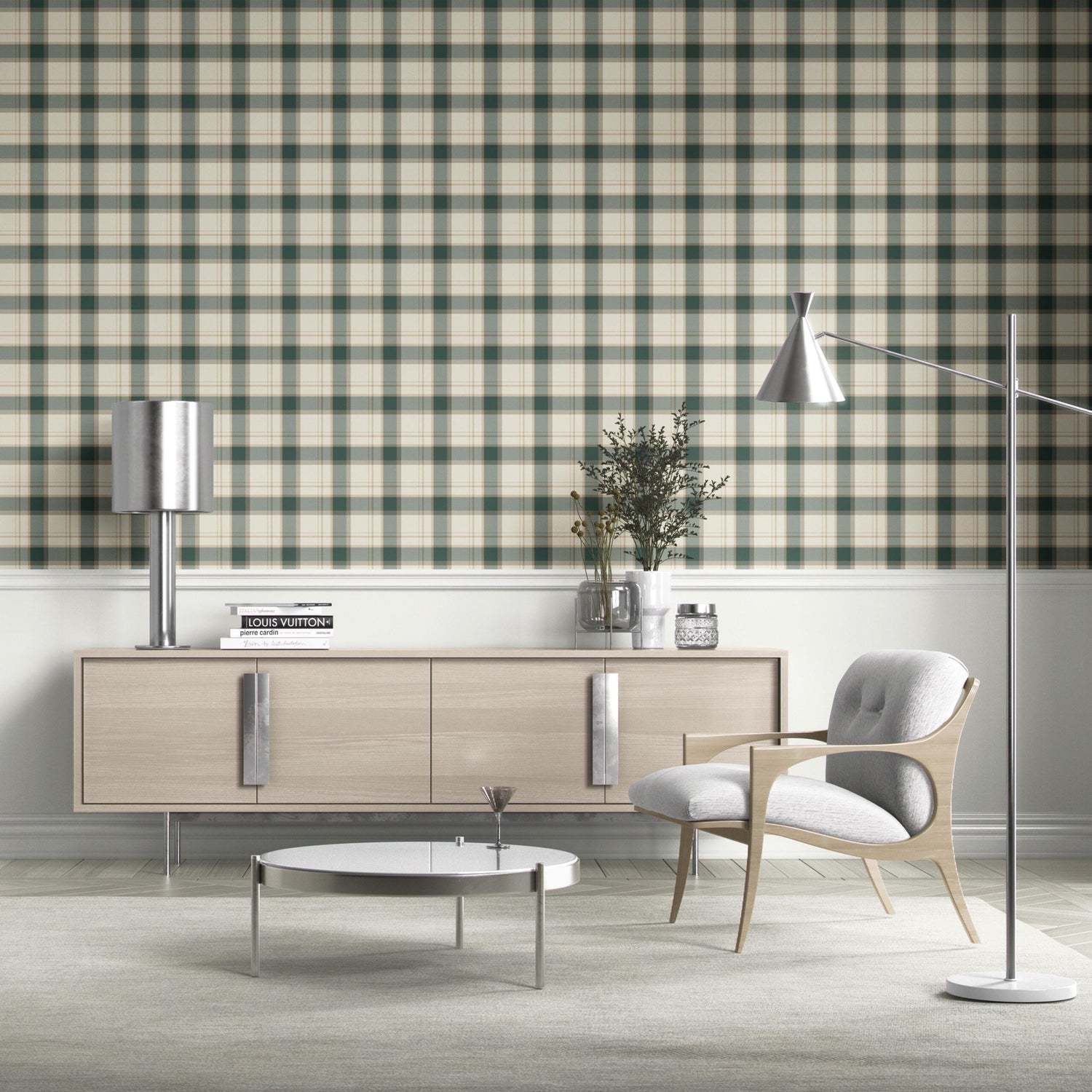 Geometric Plaid Checkered Kitchen Wallpaper (Teal Green/ Beige/ Off-White)