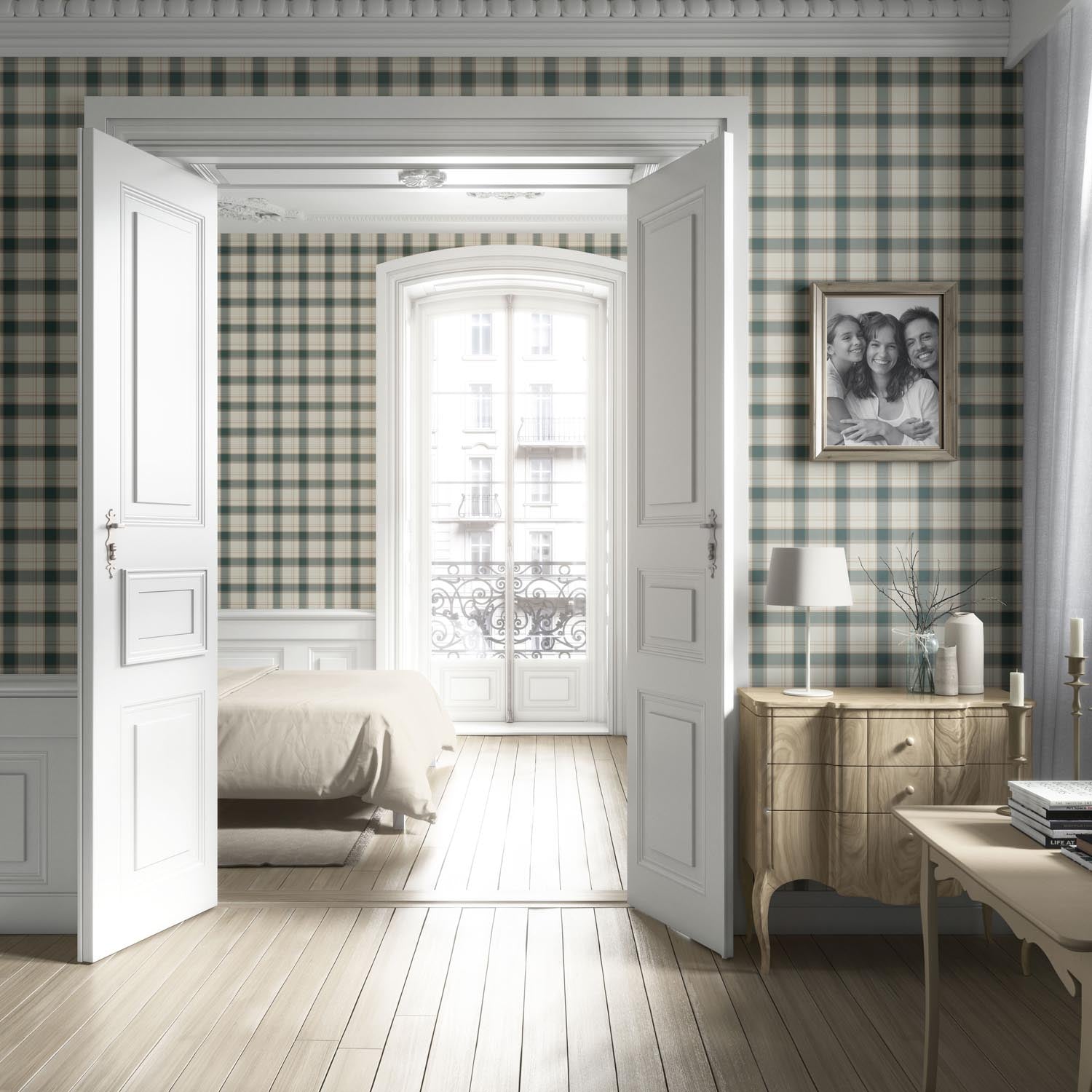 Geometric Plaid Checkered Living Room Wallpaper (Teal Green/ Beige/ Off-White)