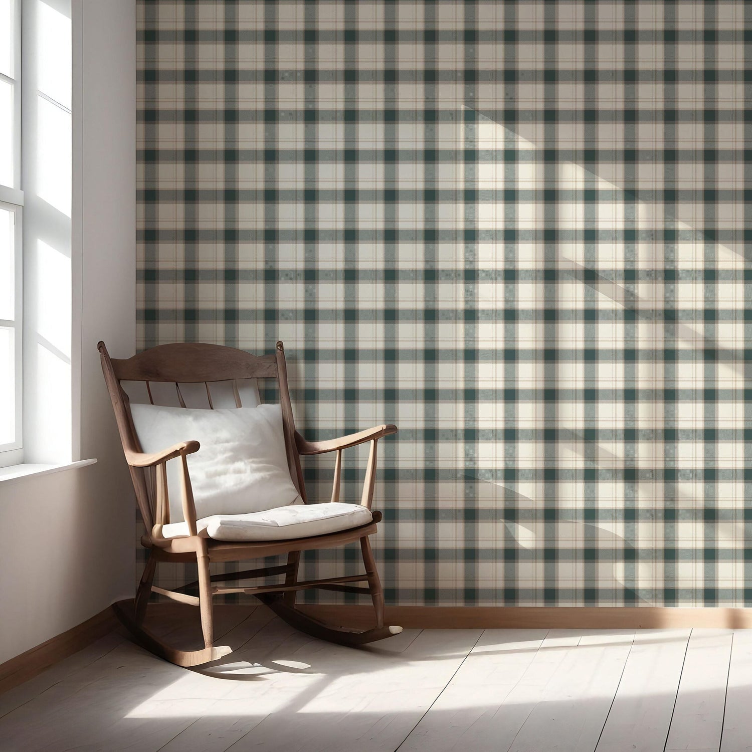 Geometric Plaid Checkered Nursery Wallpaper (Teal Green/ Beige/ Off-White)