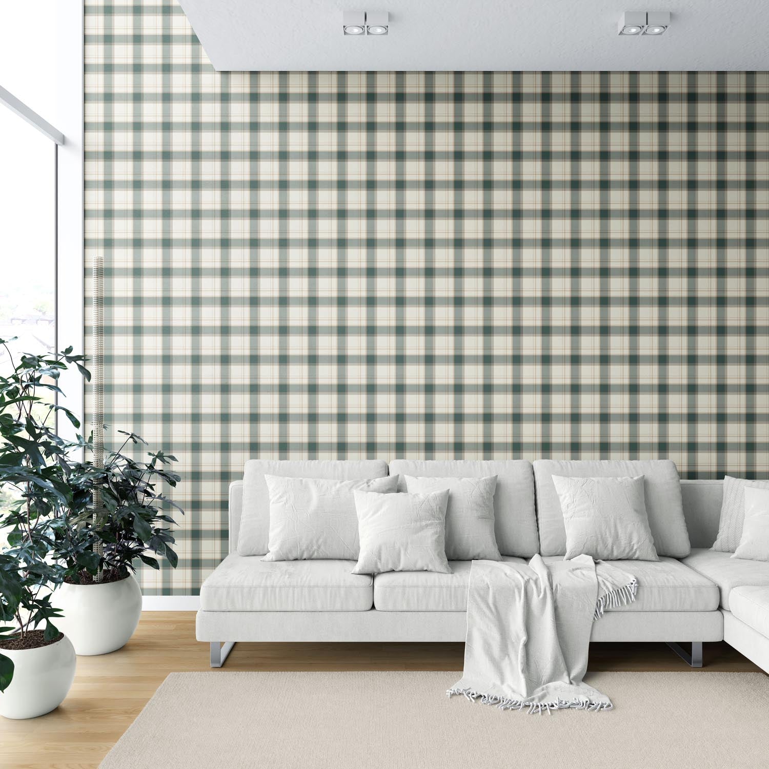 Geometric Plaid Checkered Shower Toilet Wallpaper (Teal Green/ Beige/ Off-White)