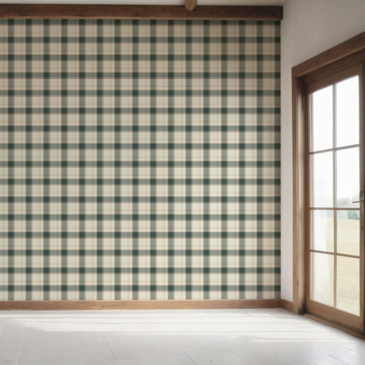 Geometric Plaid Checkered Bedroom Wallpaper (Teal Green/ Beige/ Off-White)