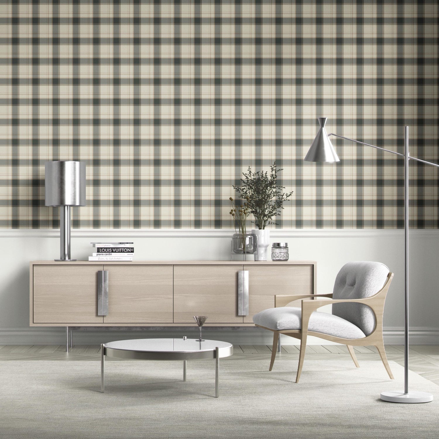 Neutral Geometric Plaid Checkered Kitchen Wallpaper (Charcoal Black/ Off-White/ Beige)