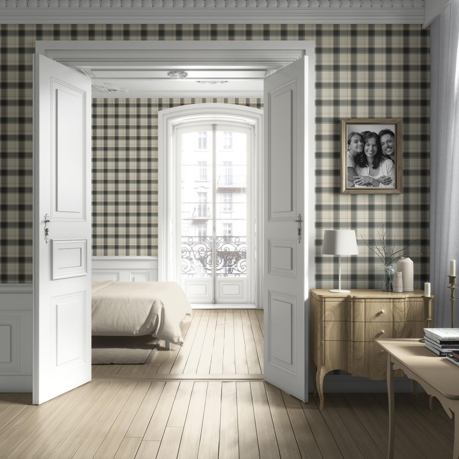 Neutral Geometric Plaid Checkered Living Room Wallpaper (Charcoal Black/ Off-White/ Beige)