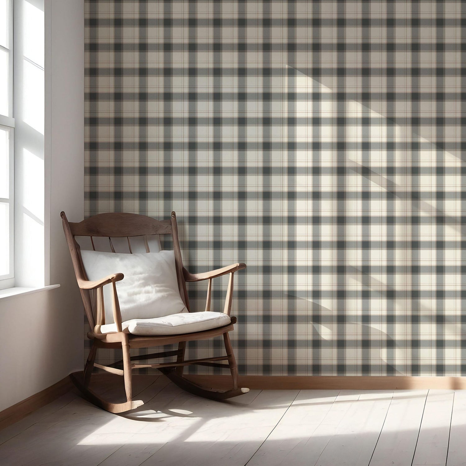 Neutral Geometric Plaid Checkered Nursery Wallpaper (Charcoal Black/ Off-White/ Beige)