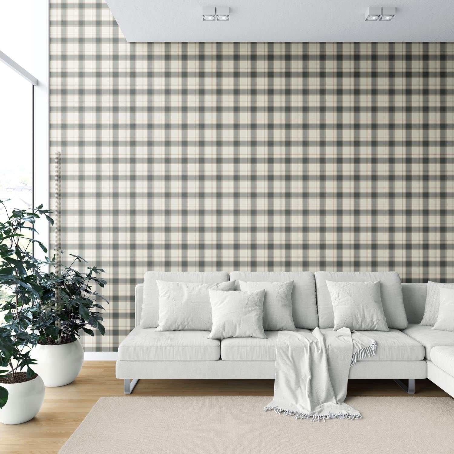 Neutral Geometric Plaid Checkered Shower Toilet Wallpaper (Charcoal Black/ Off-White/ Beige)