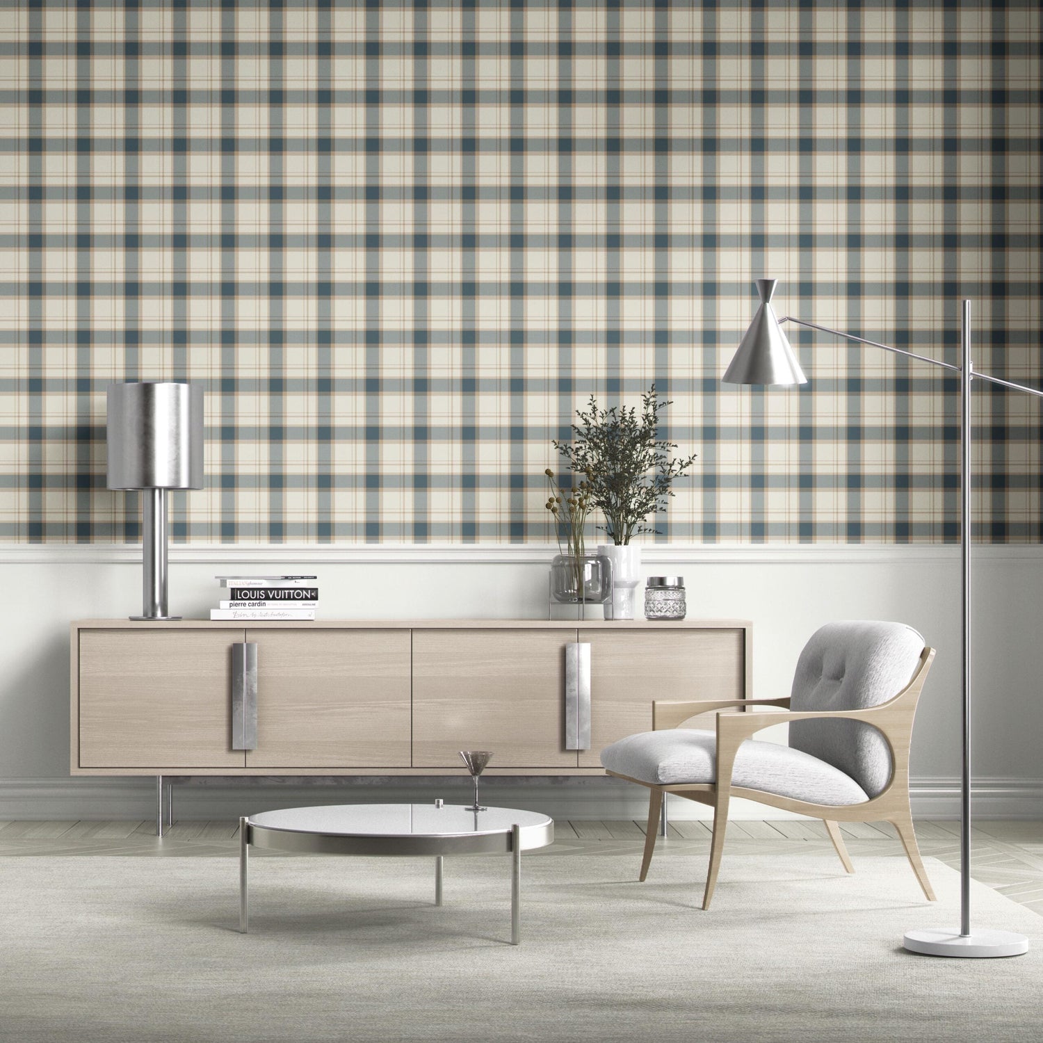 Neutral Geometric Plaid Checkered Kitchen Wallpaper (Teal Blue/ Off-White/ Beige)