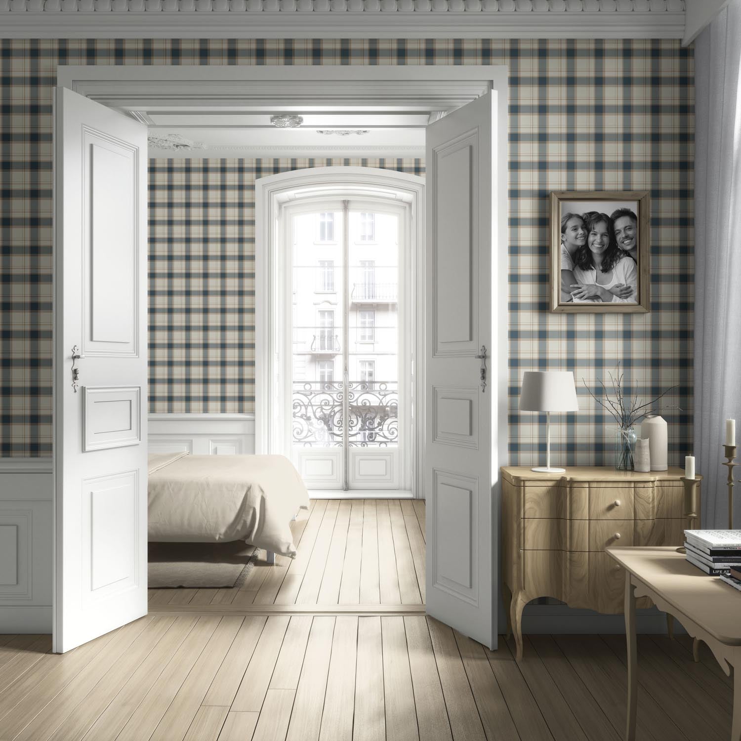 Neutral Geometric Plaid Checkered Living Room Wallpaper (Teal Blue/ Off-White/ Beige)