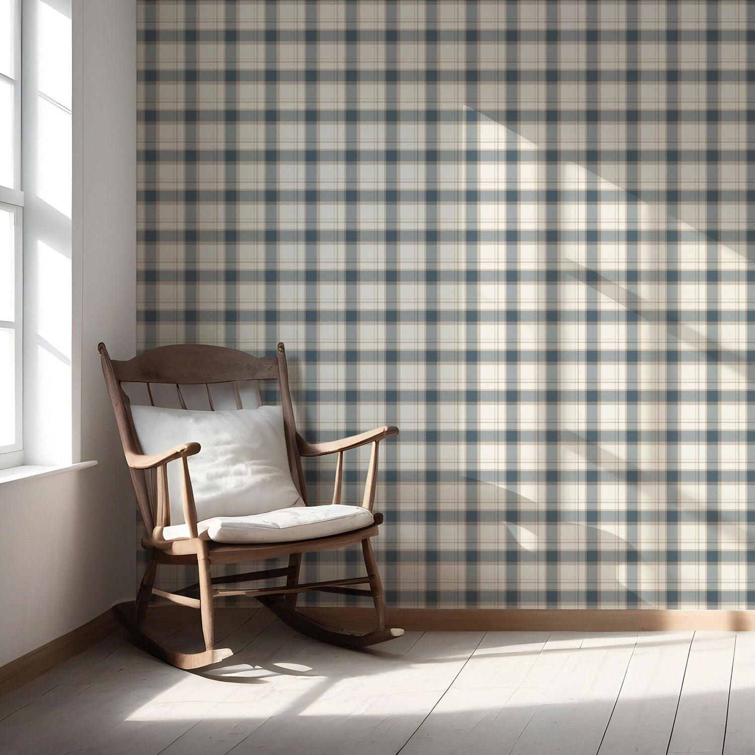 Neutral Geometric Plaid Checkered Nursery Wallpaper (Teal Blue/ Off-White/ Beige)
