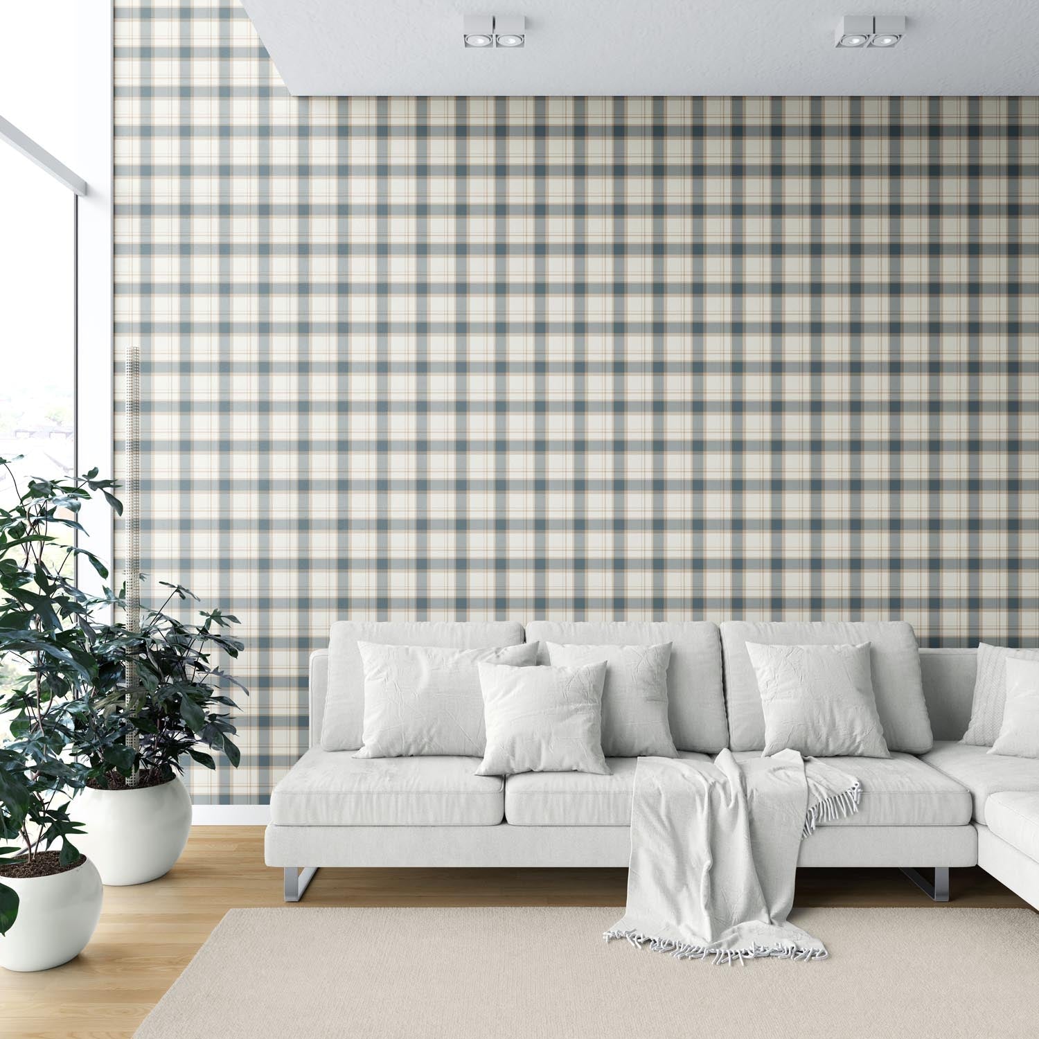 Neutral Geometric Plaid Checkered Shower Toilet Wallpaper (Teal Blue/ Off-White/ Beige)