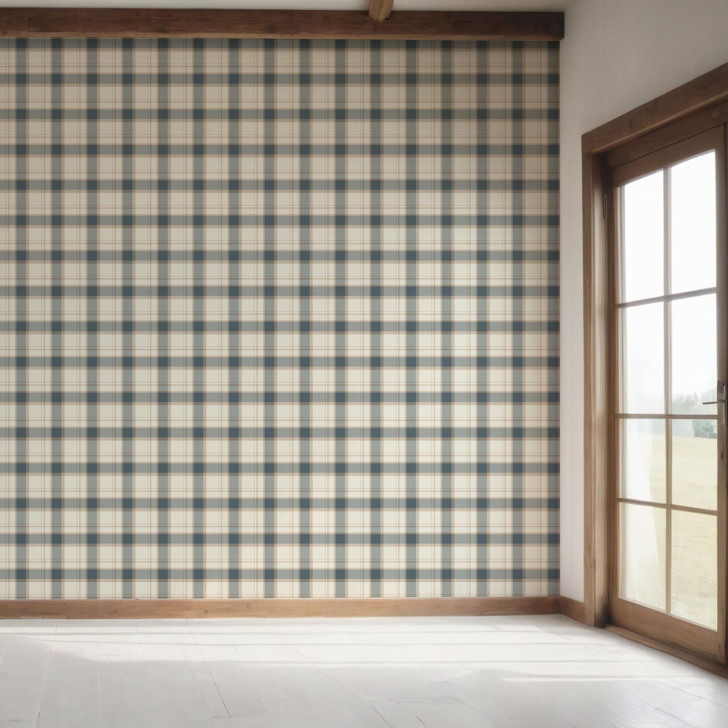 Neutral Geometric Plaid Checkered Bedroom Wallpaper (Teal Blue/ Off-White/ Beige)