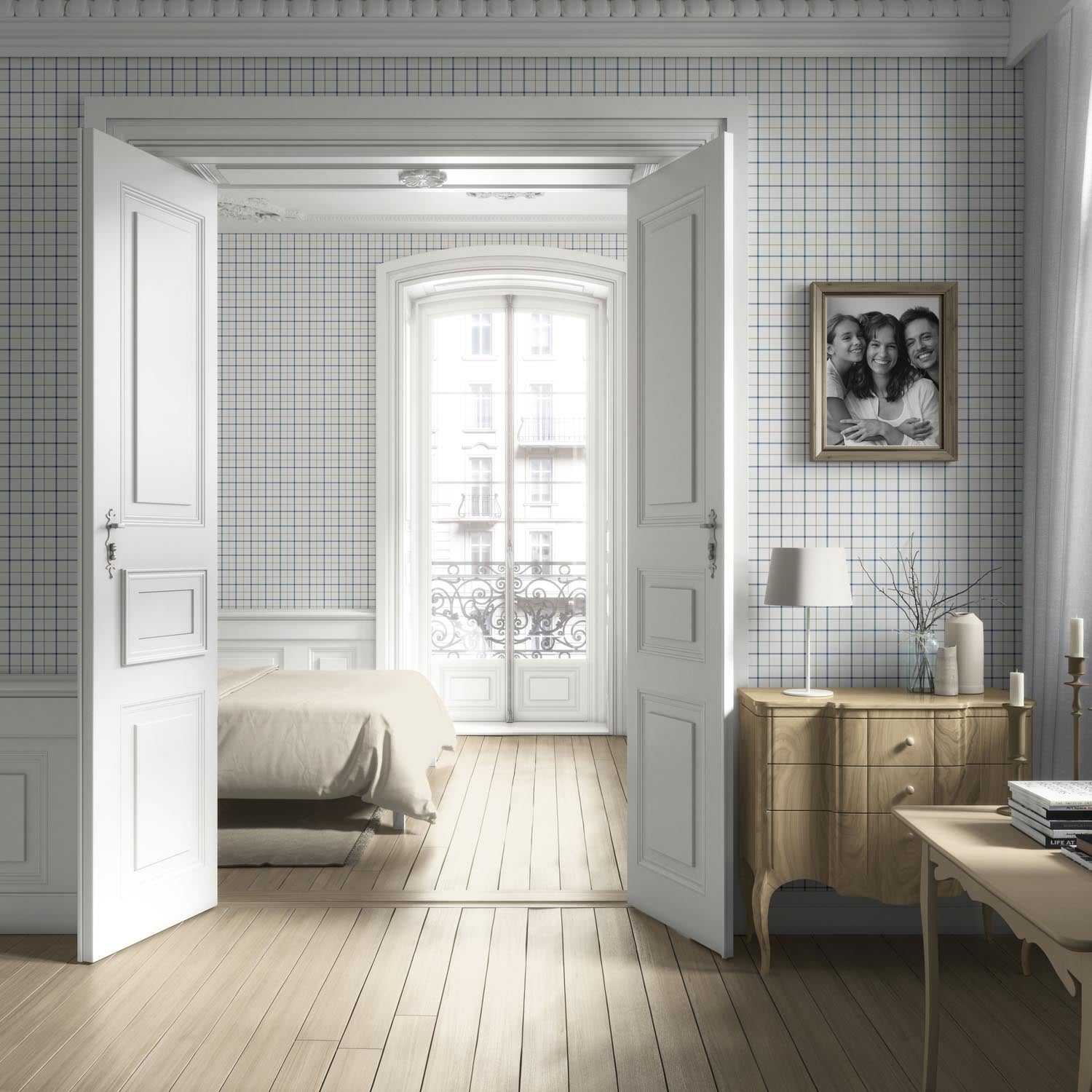 Windowpane Checkered/ Plaid Living Room Wallpaper (Navy Blue/ White/ Taupe)