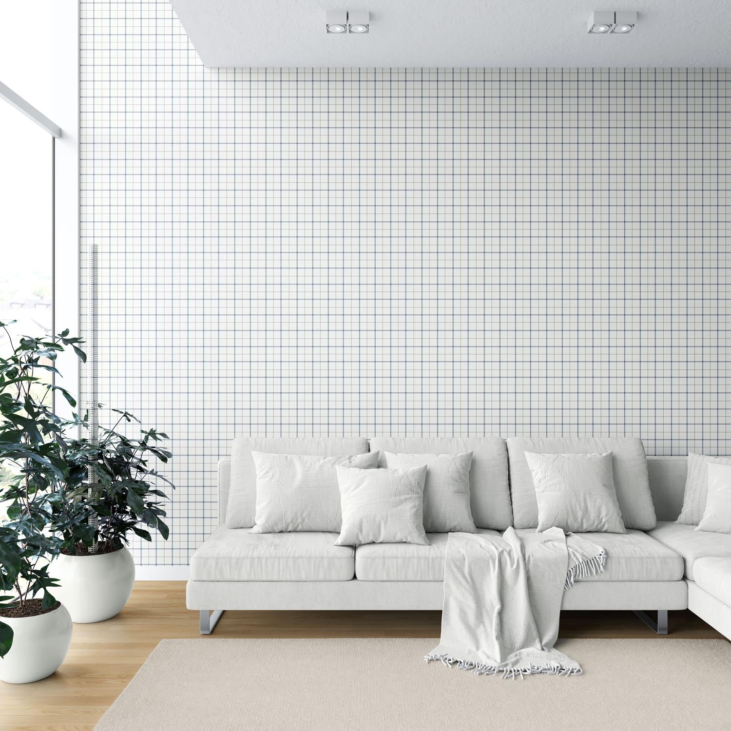 Windowpane Checkered/ Plaid Shower Toilet Wallpaper (Navy Blue/ White/ Taupe)