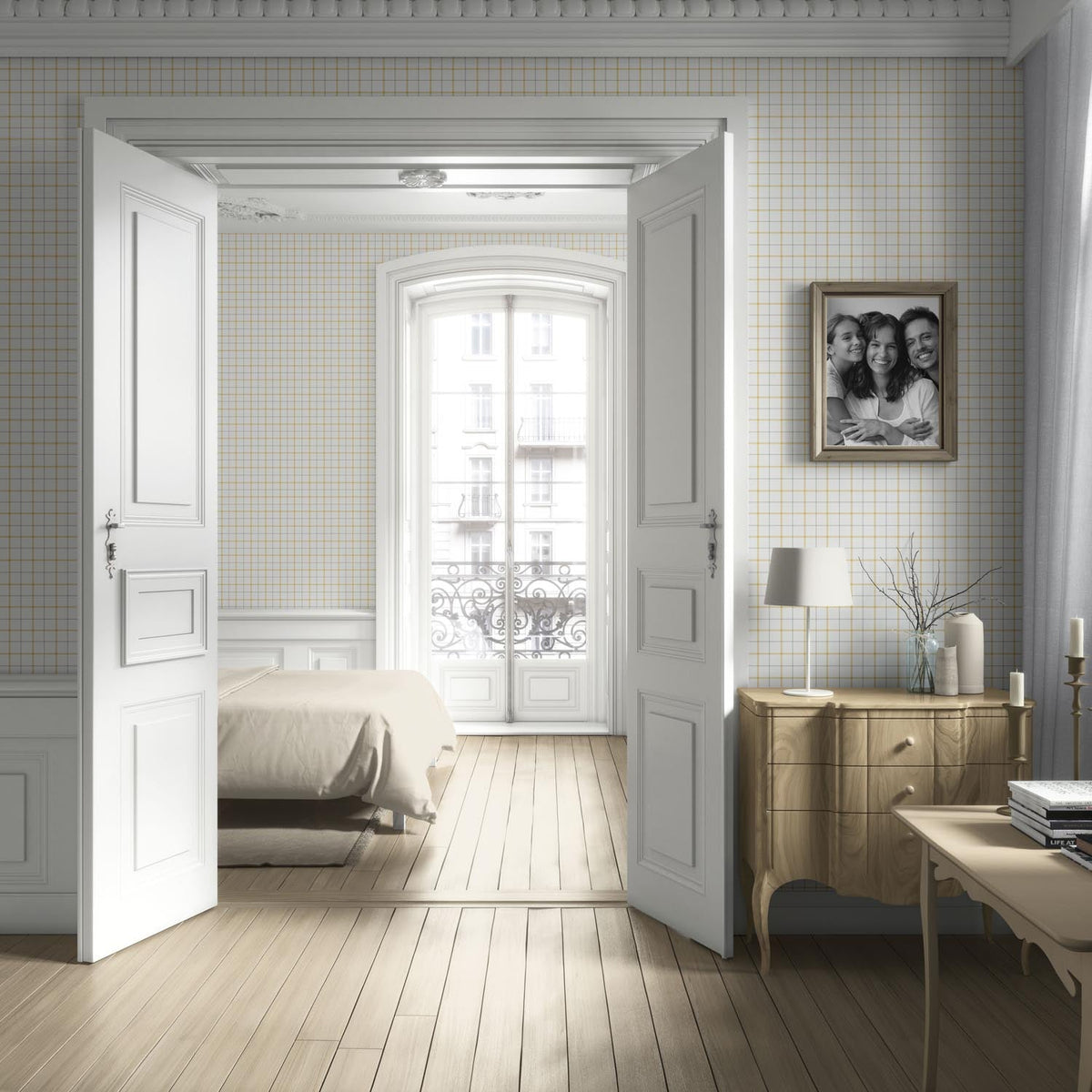 Windowpane Checkered/ Plaid Living Room Wallpaper (Mustard Yellow/ White/ Taupe)