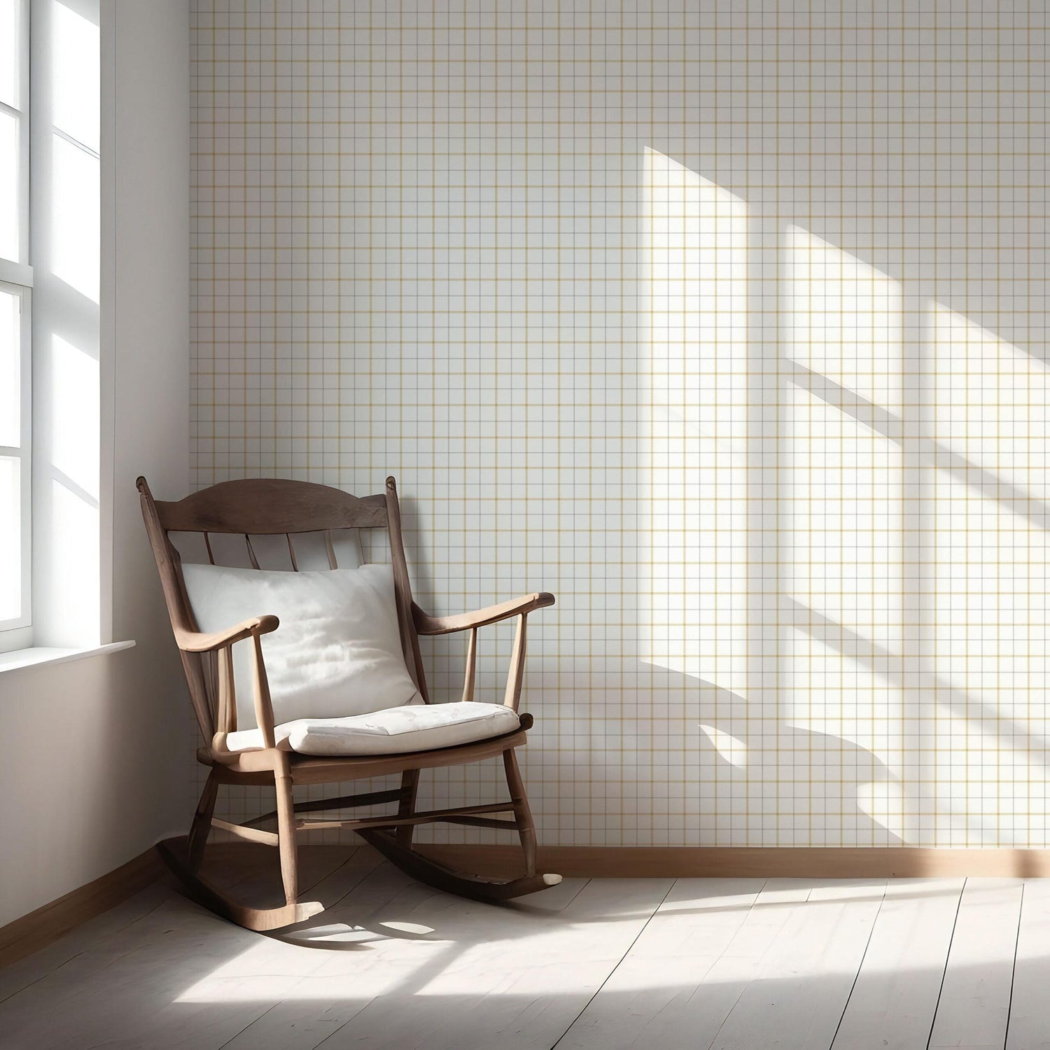 Windowpane Checkered/ Plaid Nursery Wallpaper (Mustard Yellow/ White/ Taupe)