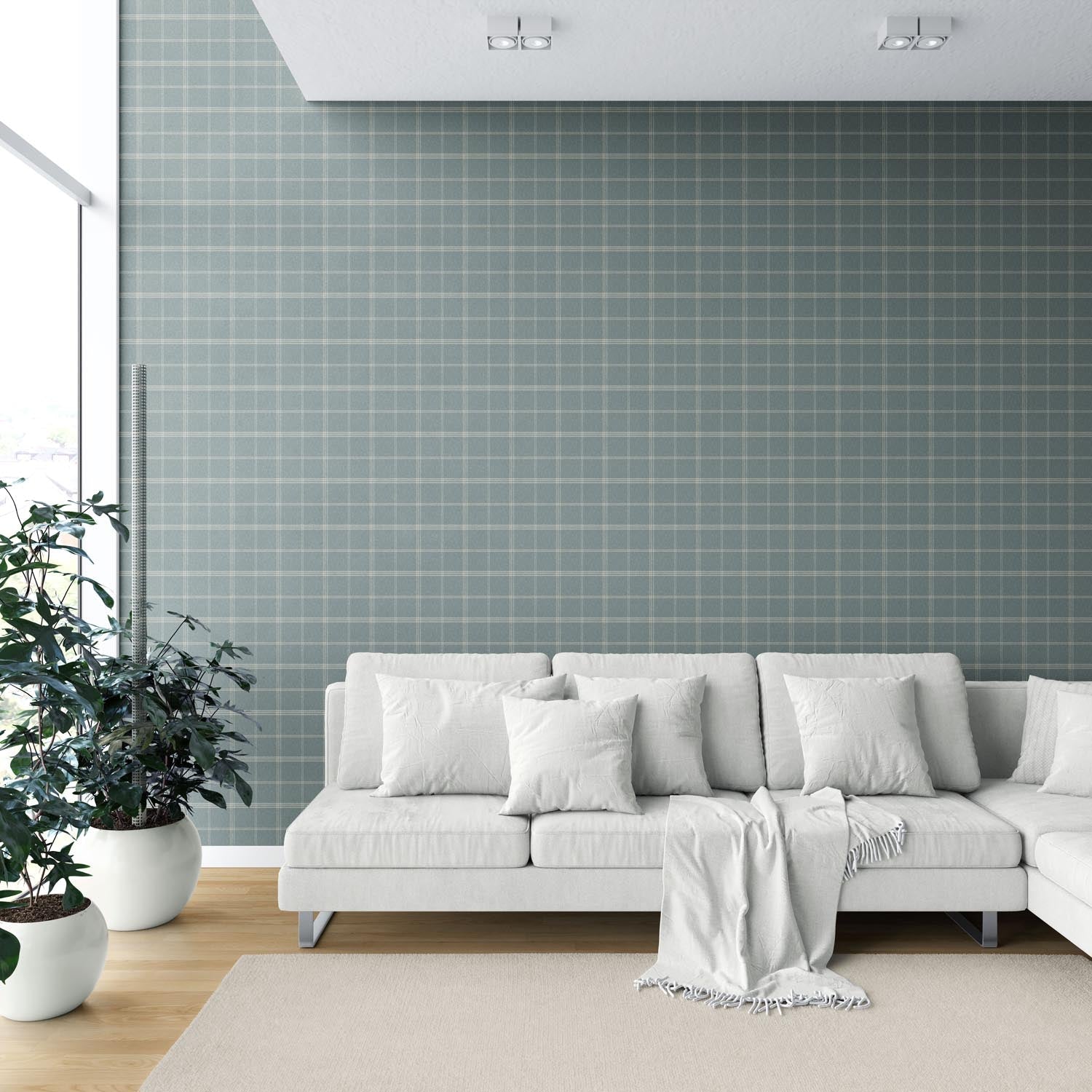 Geometric Plaid Checkered Shower Toilet Wallpaper (Teal Blue/ Gray)