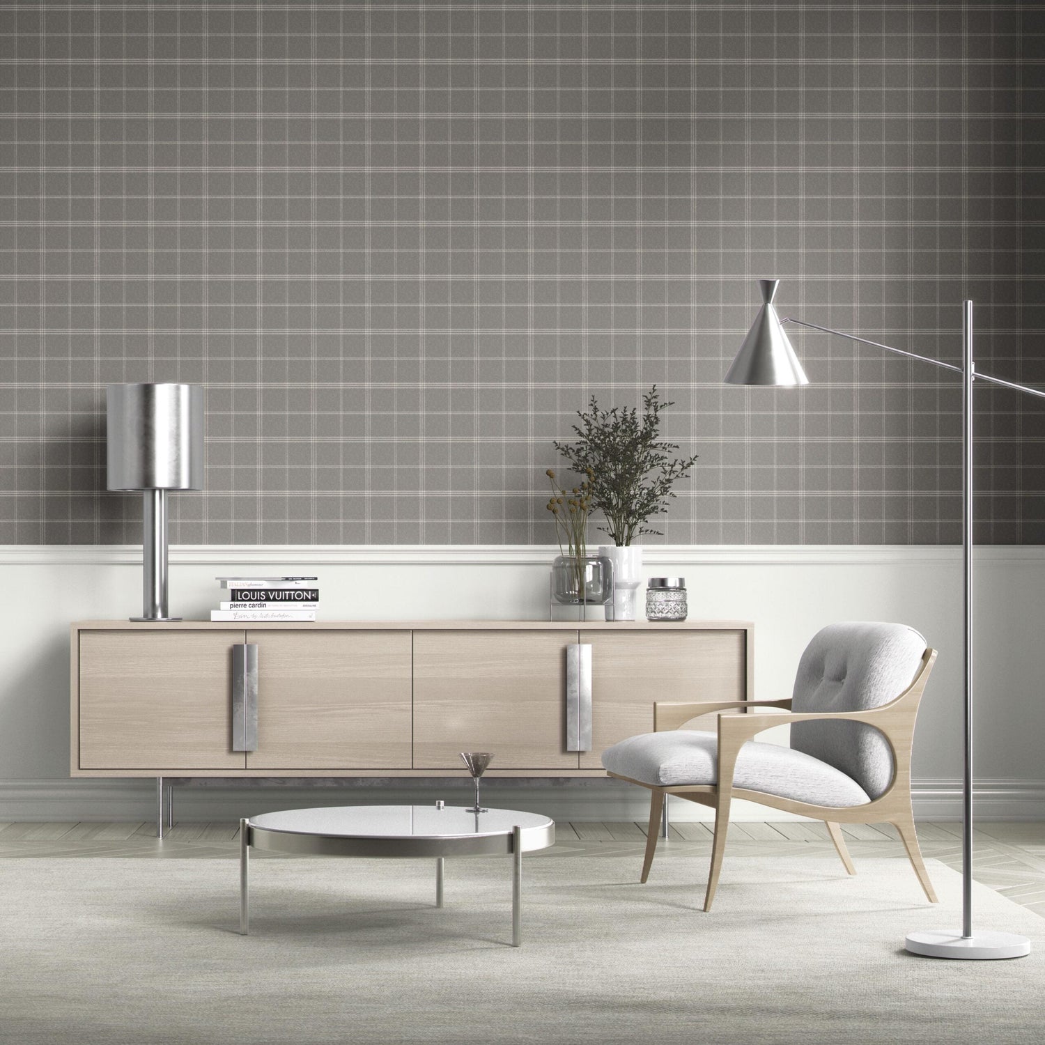 Neutral Geometric Plaid Checkered Kitchen Wallpaper (Gray)