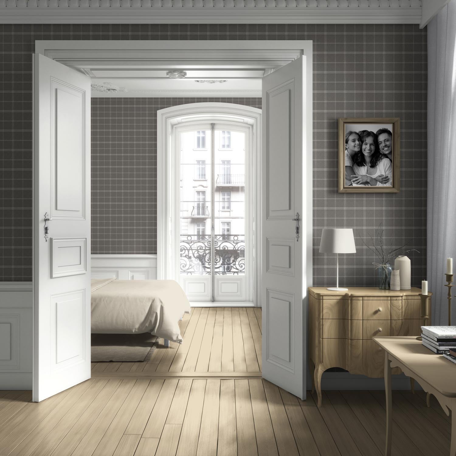 Neutral Geometric Plaid Checkered Living Room Wallpaper (Gray)