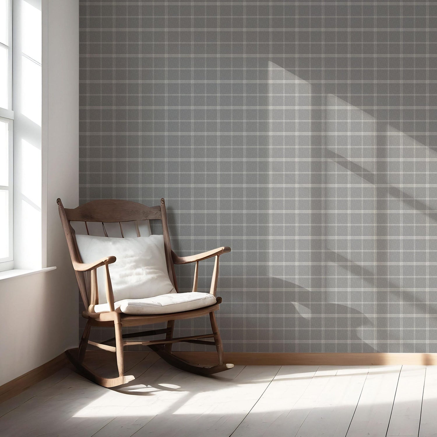 Neutral Geometric Plaid Checkered Nursery Wallpaper (Gray)