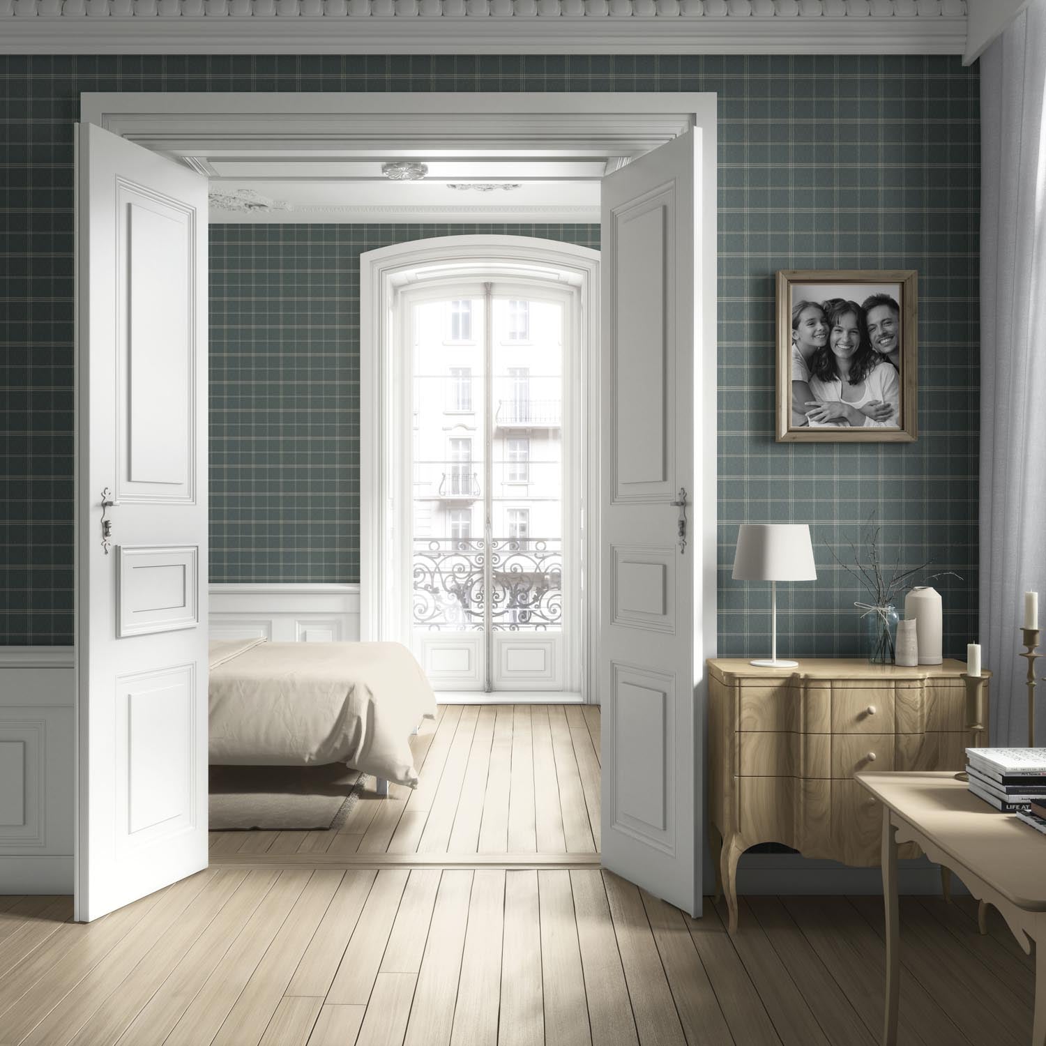 Geometric Plaid Checkered Living Room Wallpaper (Blue-Gray)