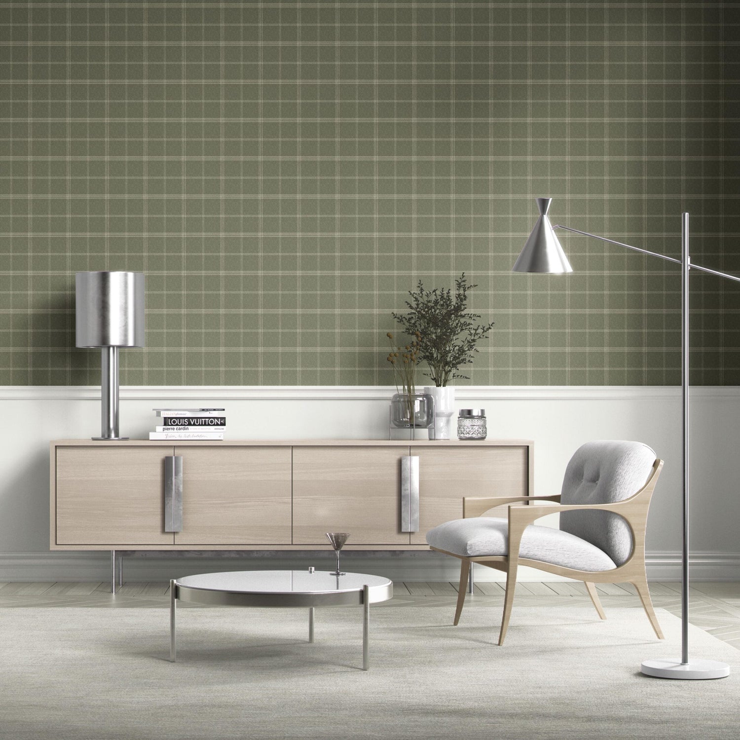 Geometric Plaid Checkered Kitchen Wallpaper (Olive Green)