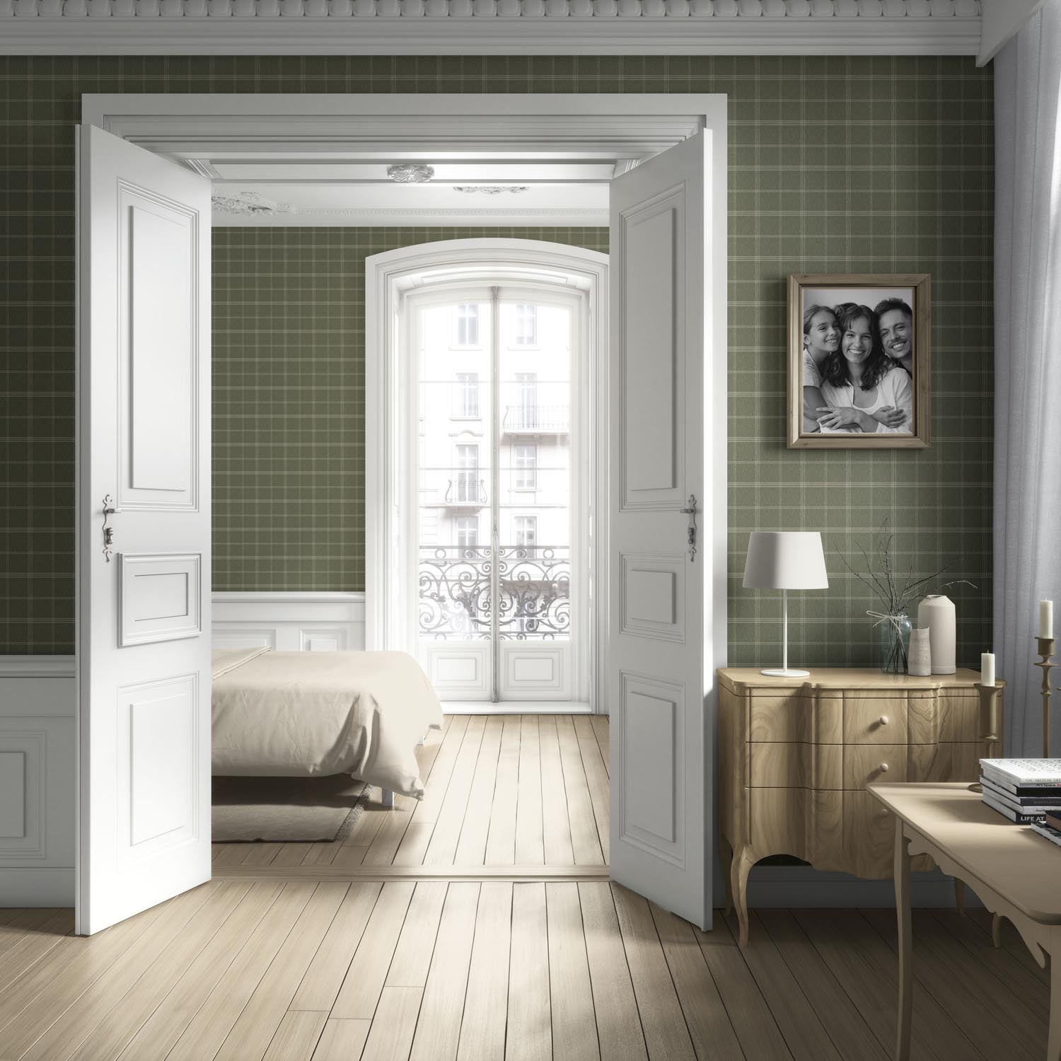 Geometric Plaid Checkered Living Room Wallpaper (Olive Green)