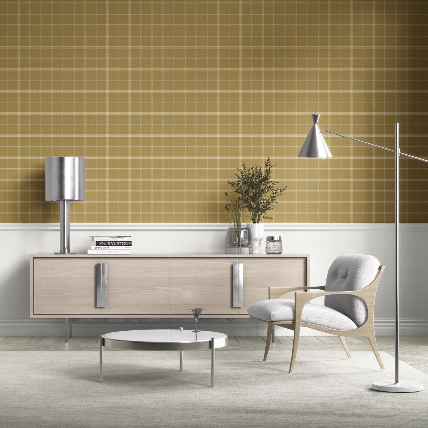 Geometric Plaid Checkered Kitchen Wallpaper (Mustard Yellow)