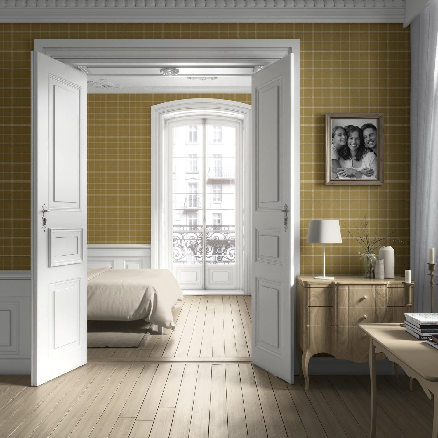 Geometric Plaid Checkered Living Room Wallpaper (Mustard Yellow)