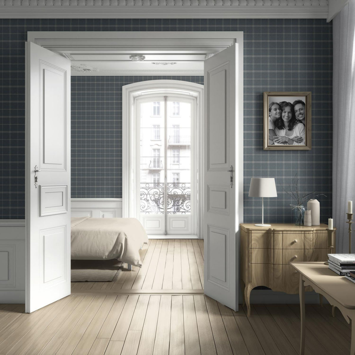 Neutral Geometric Plaid Checkered Living Room Wallpaper (Slate Blue)