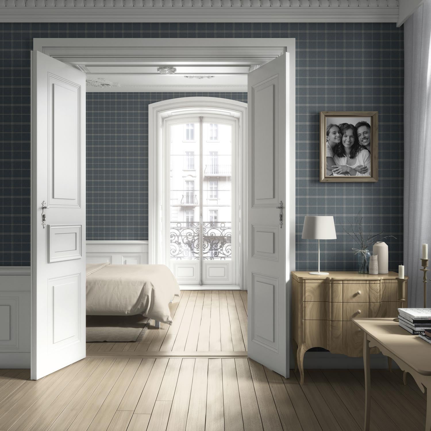 Neutral Geometric Plaid Checkered Living Room Wallpaper (Slate Blue)