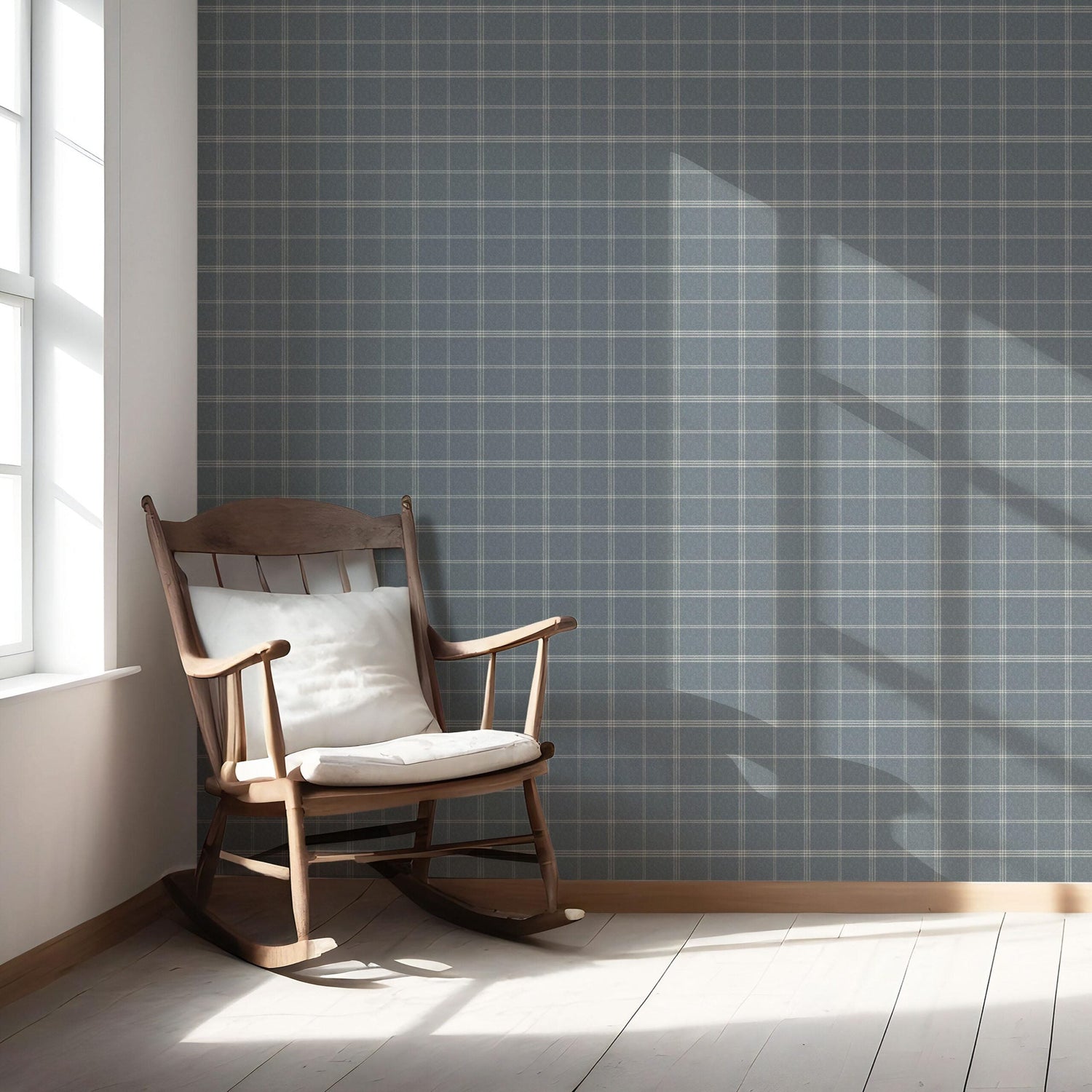 Neutral Geometric Plaid Checkered Nursery Wallpaper (Slate Blue)
