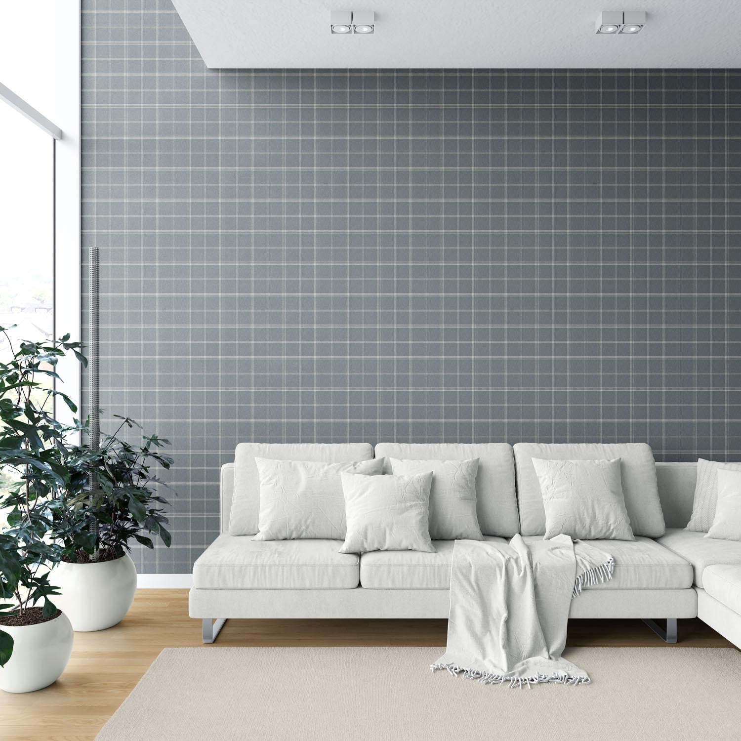 Neutral Geometric Plaid Checkered Shower Toilet Wallpaper (Slate Blue)