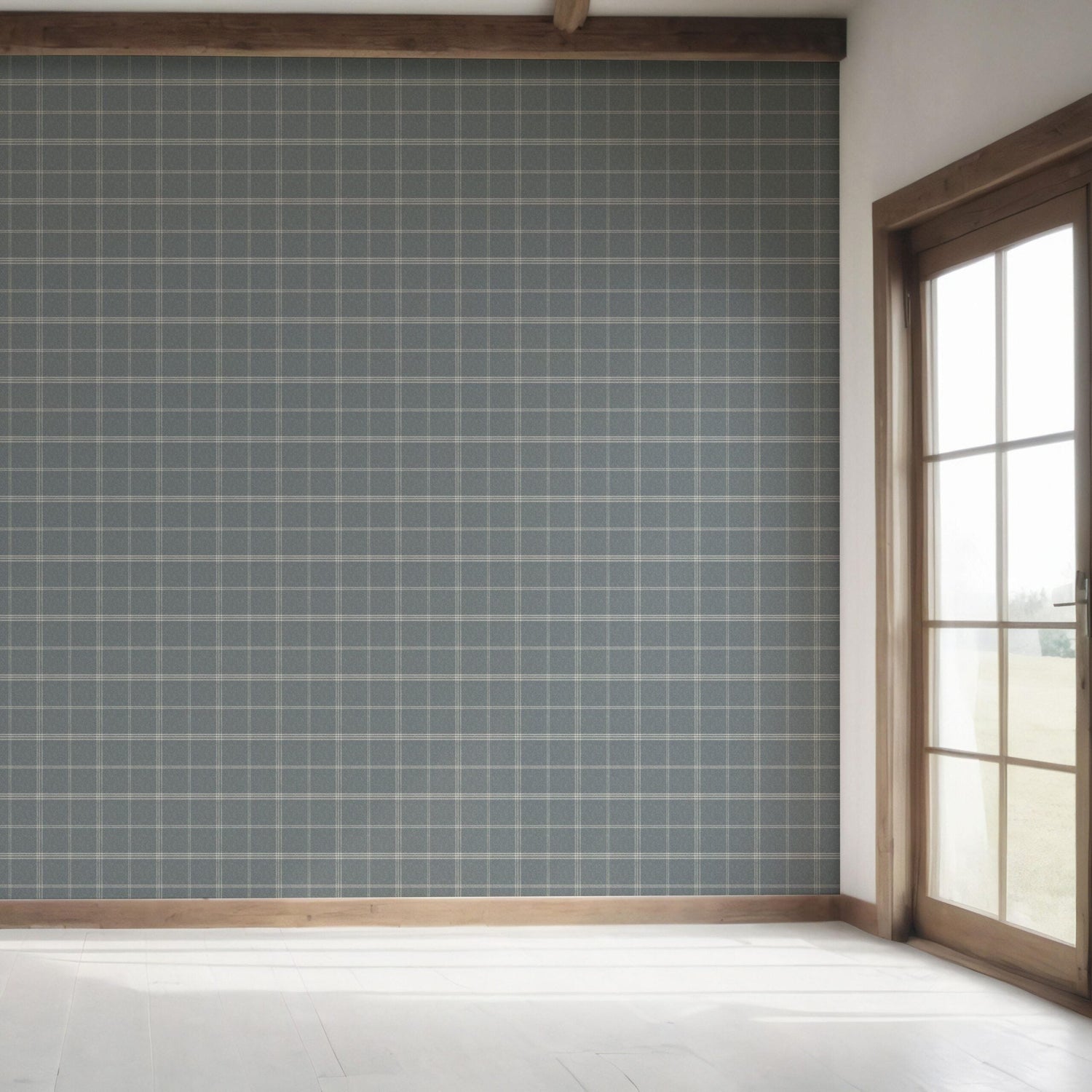Neutral Geometric Plaid Checkered Bedroom Wallpaper (Slate Blue)