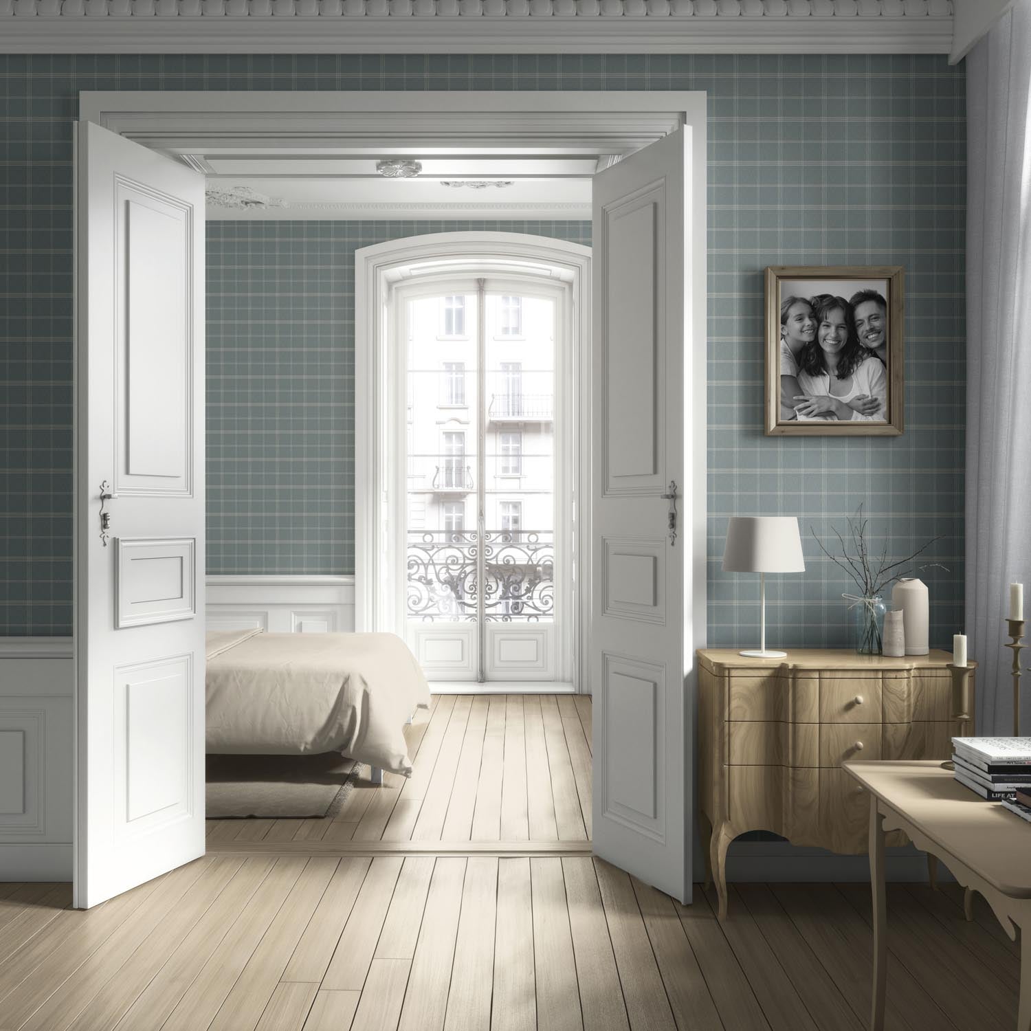 Geometric Plaid Checkered Living Room Wallpaper (Duck Egg Blue)
