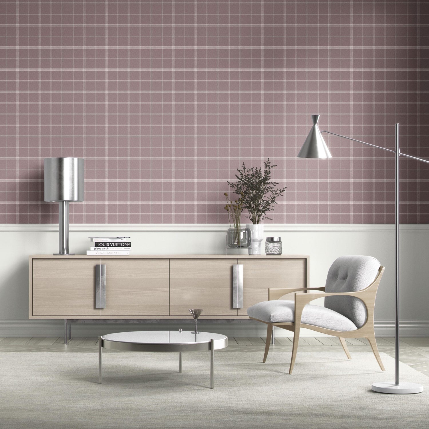 Geometric Plaid Checkered Kitchen Wallpaper (Mauve/ Muted Pink)