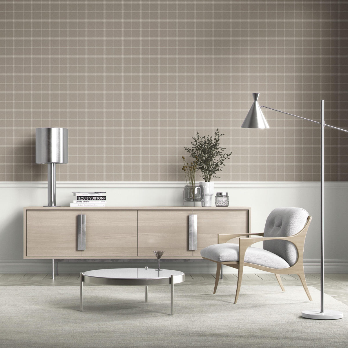 Neutral Geometric Plaid Checkered Kitchen Wallpaper (Beige/ Warm Gray/ Greige/ Taupe)