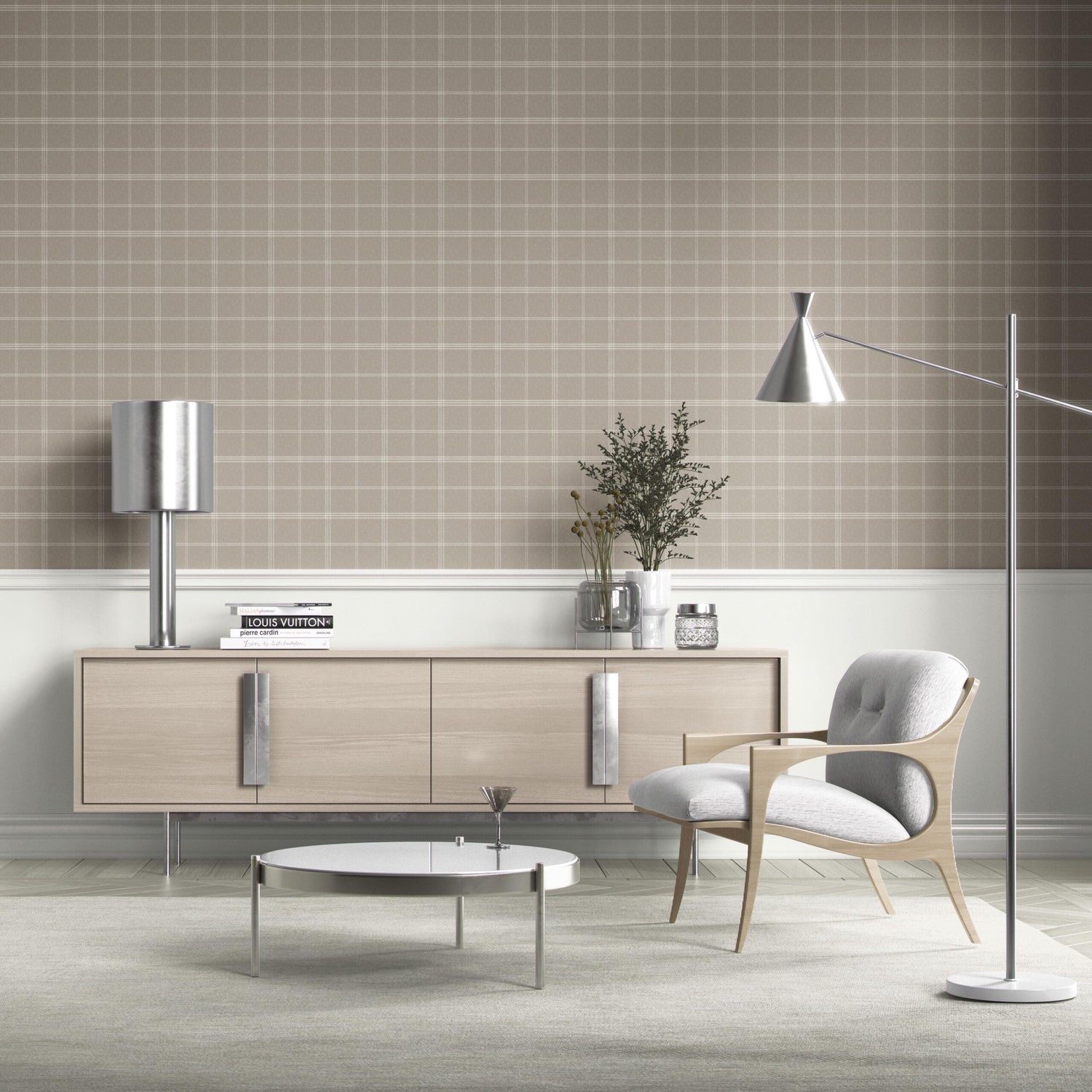 Neutral Geometric Plaid Checkered Kitchen Wallpaper (Beige/ Warm Gray/ Greige/ Taupe)