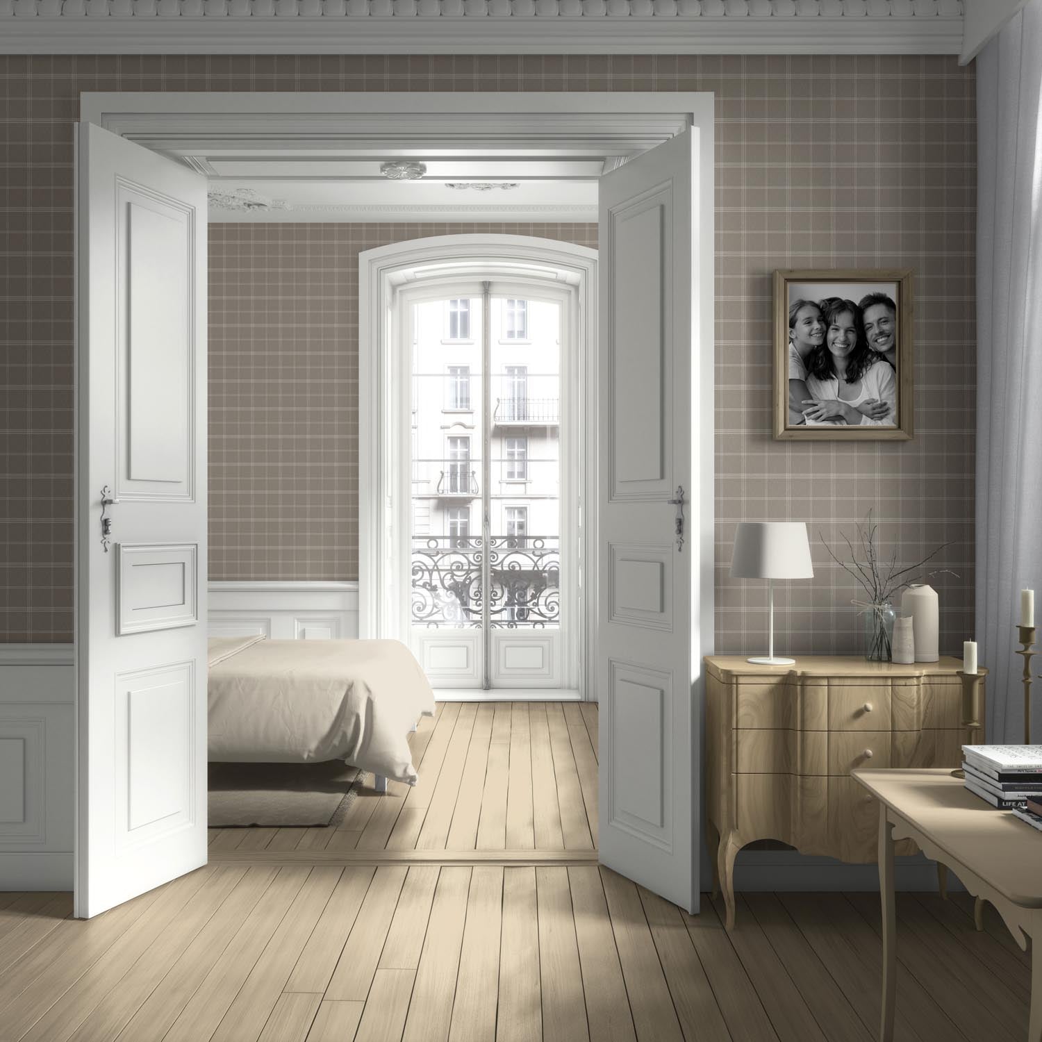 Neutral Geometric Plaid Checkered Living Room Wallpaper (Beige/ Warm Gray/ Greige/ Taupe)