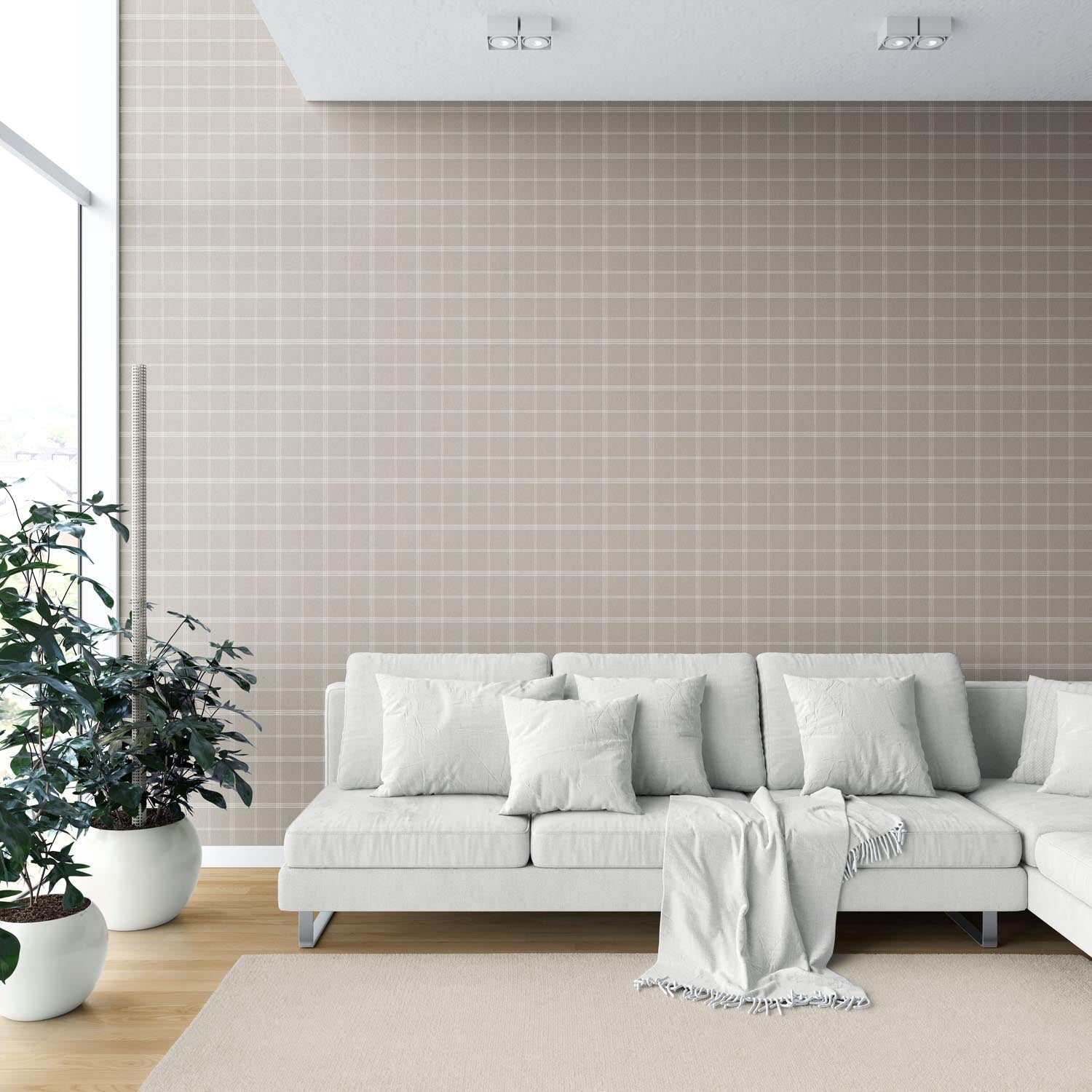 Neutral Geometric Plaid Checkered Shower Toilet Wallpaper (Beige/ Warm Gray/ Greige/ Taupe)