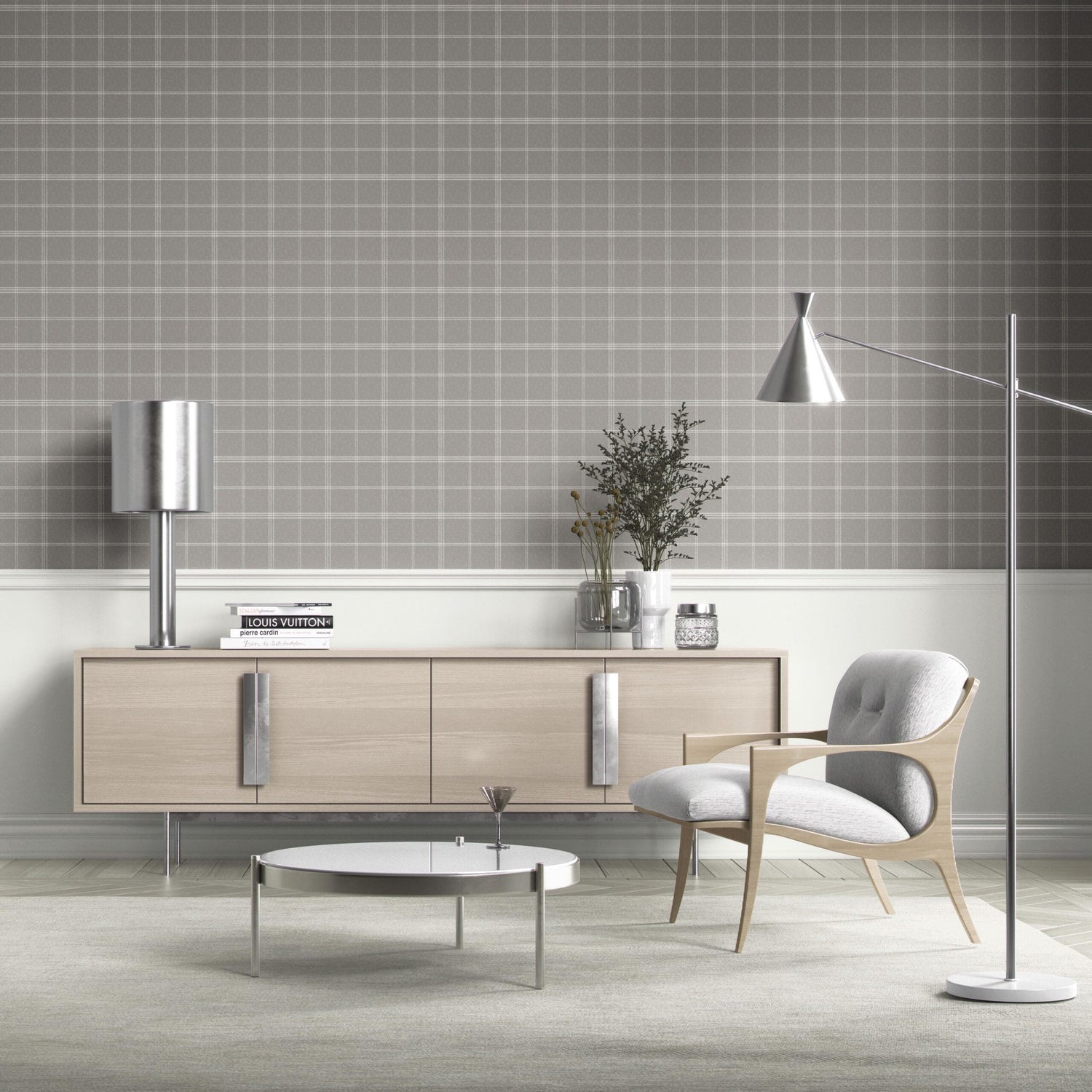 Neutral Geometric Plaid Checkered Kitchen Wallpaper (Silver Gray)