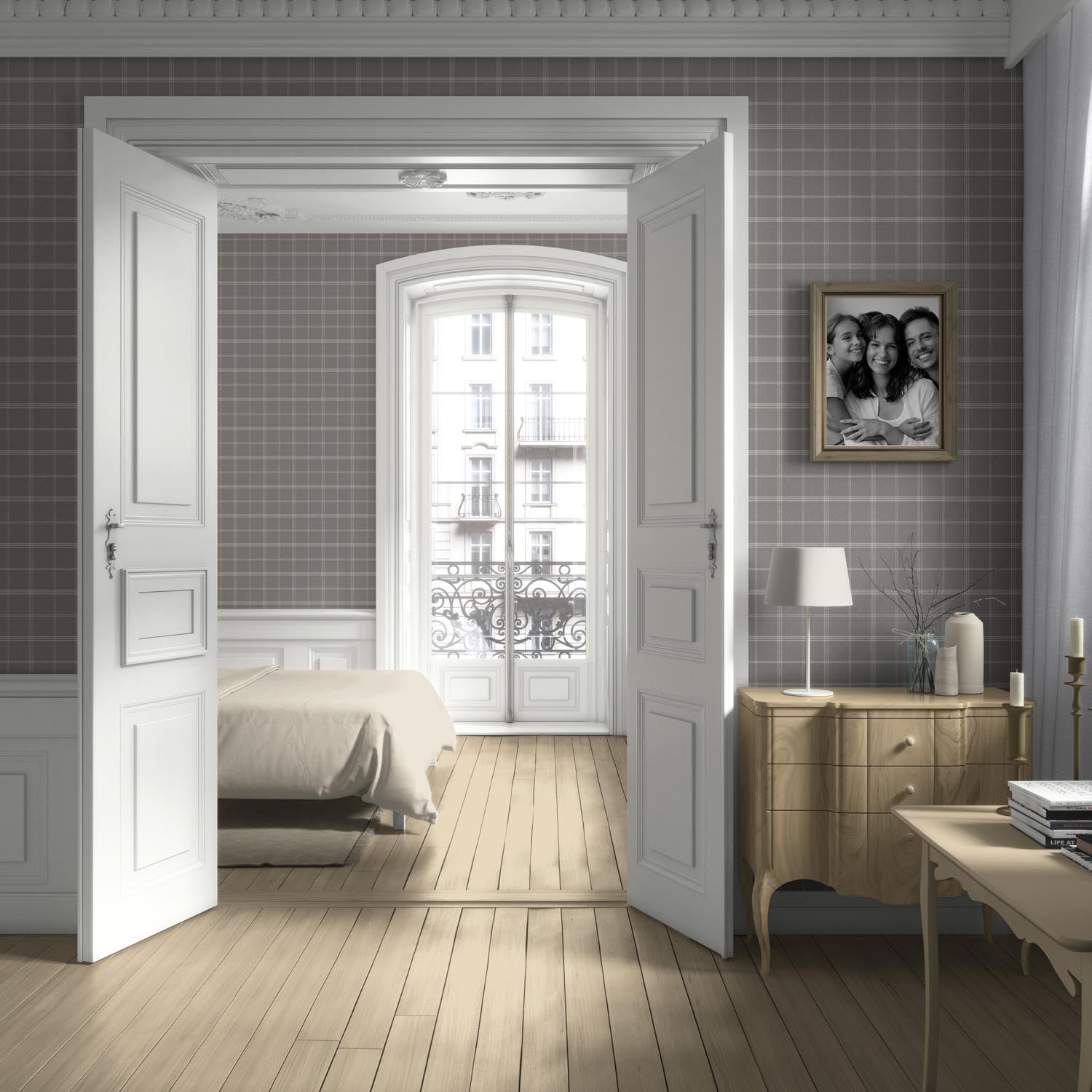 Neutral Geometric Plaid Checkered Living Room Wallpaper (Silver Gray)