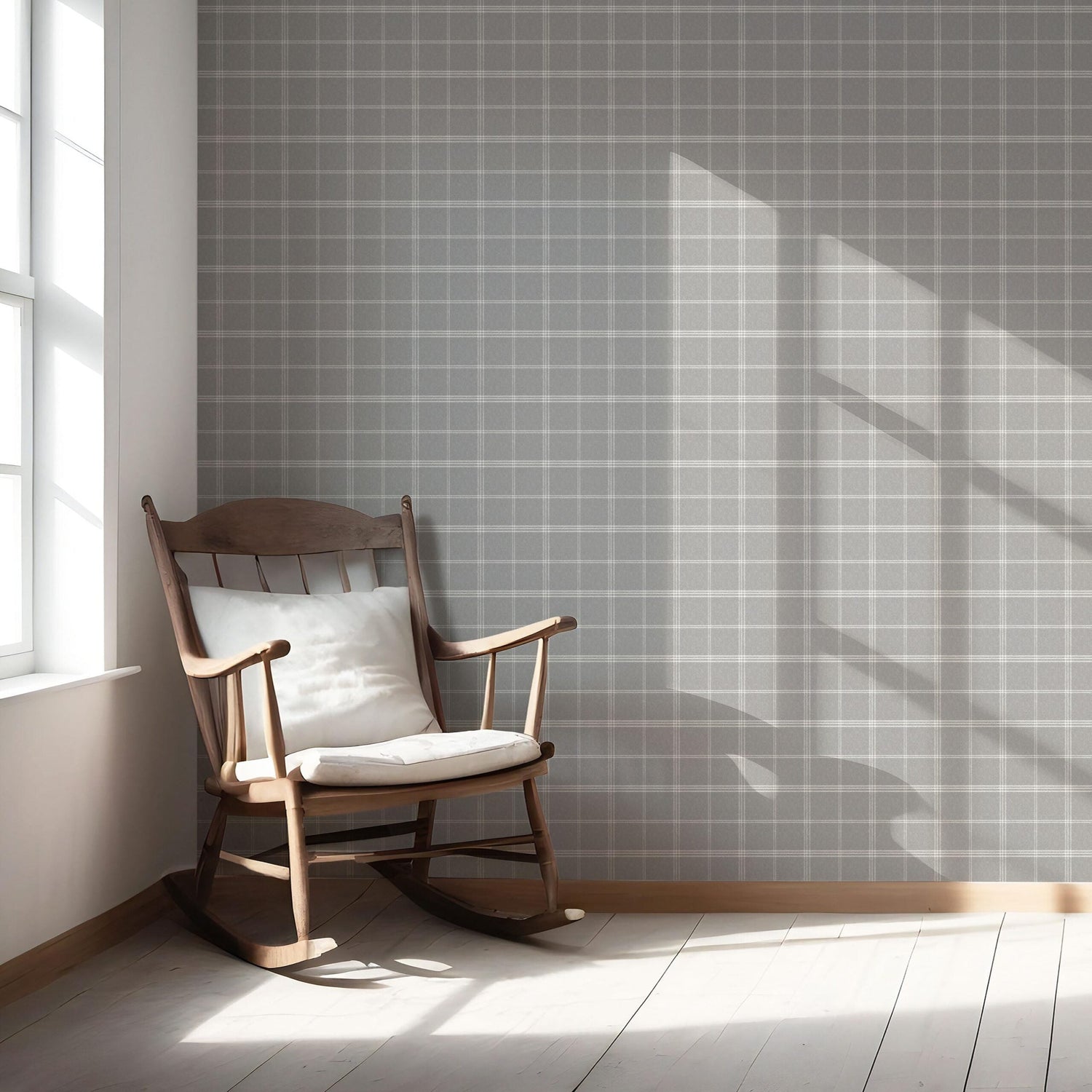 Neutral Geometric Plaid Checkered Nursery Wallpaper (Silver Gray)