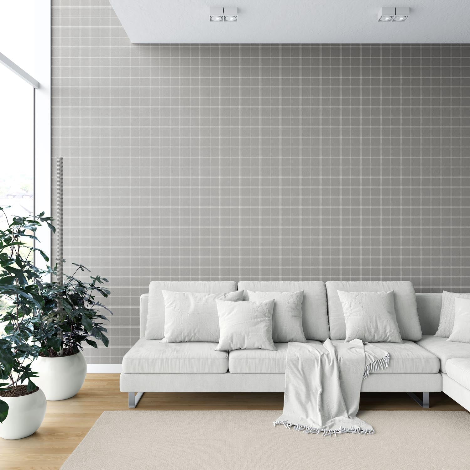 Neutral Geometric Plaid Checkered Shower Toilet Wallpaper (Silver Gray)