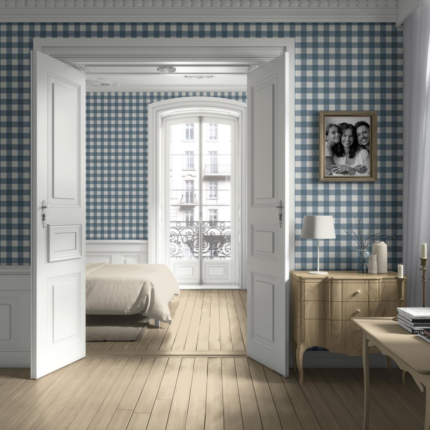 Geometric Gingham Checkered Kitchen Wallpaper (Navy Blue)